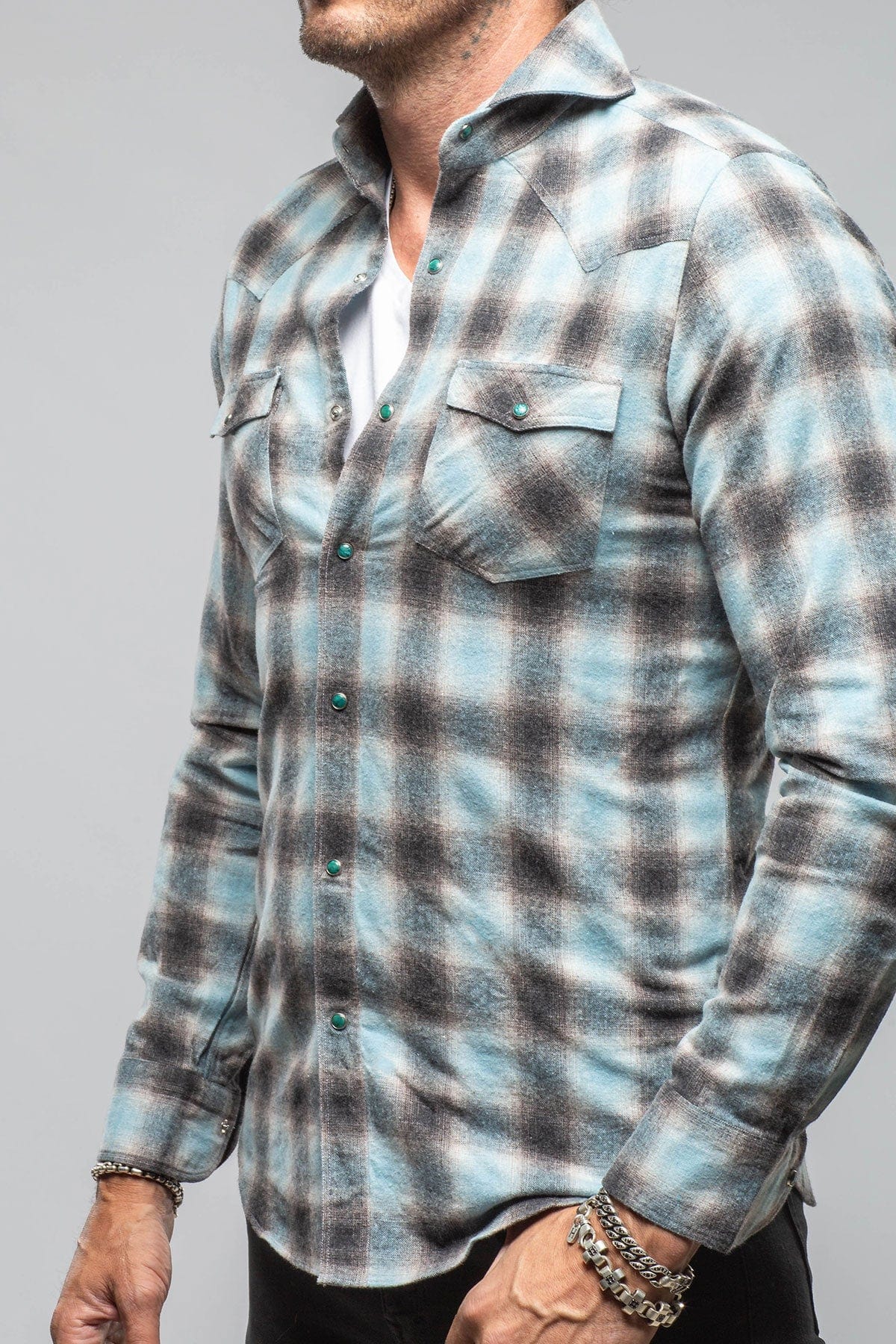 Giannetto Portofino Enchanted Western Cotton Snap In Sprayed Light Blue | Mens - Shirts - Dress