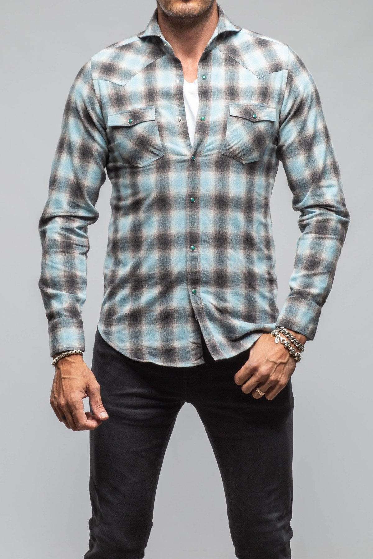 Giannetto Portofino Enchanted Western Cotton Snap In Sprayed Light Blue | Mens - Shirts - Dress