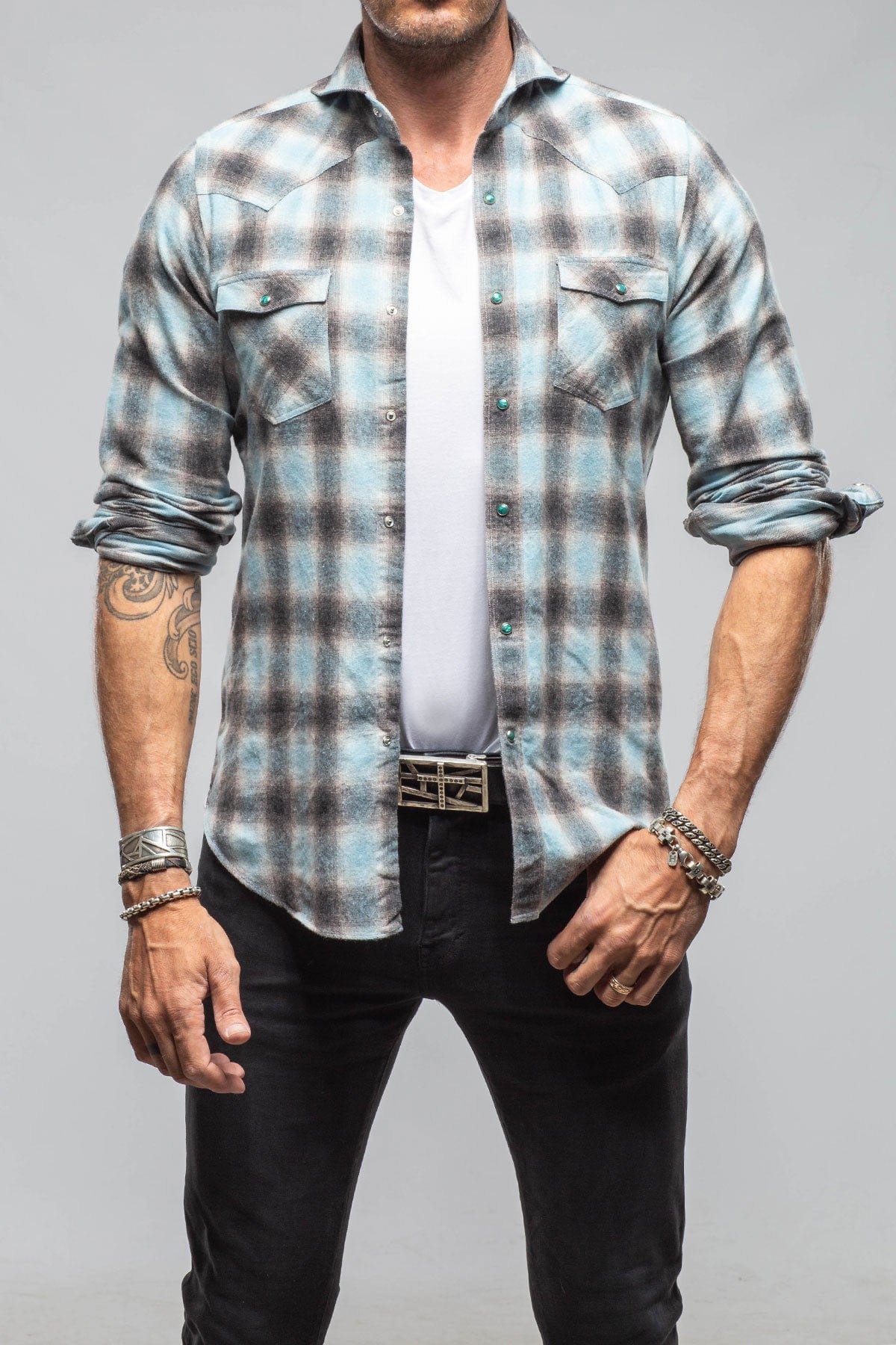 Giannetto Portofino Enchanted Western Cotton Snap In Sprayed Light Blue | Mens - Shirts - Dress