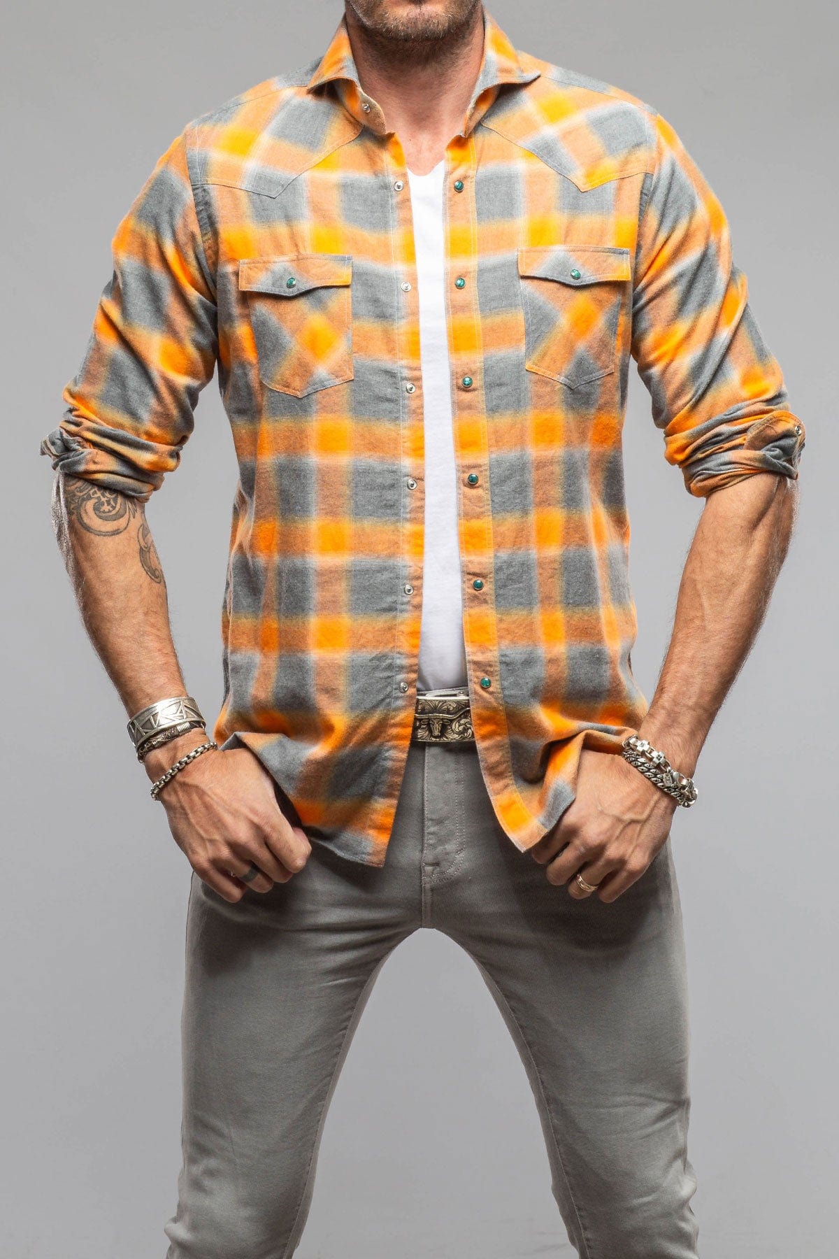 Giannetto Portofino Enchanted Western Cotton Snap In Sprayed Orange | Mens - Shirts - Dress