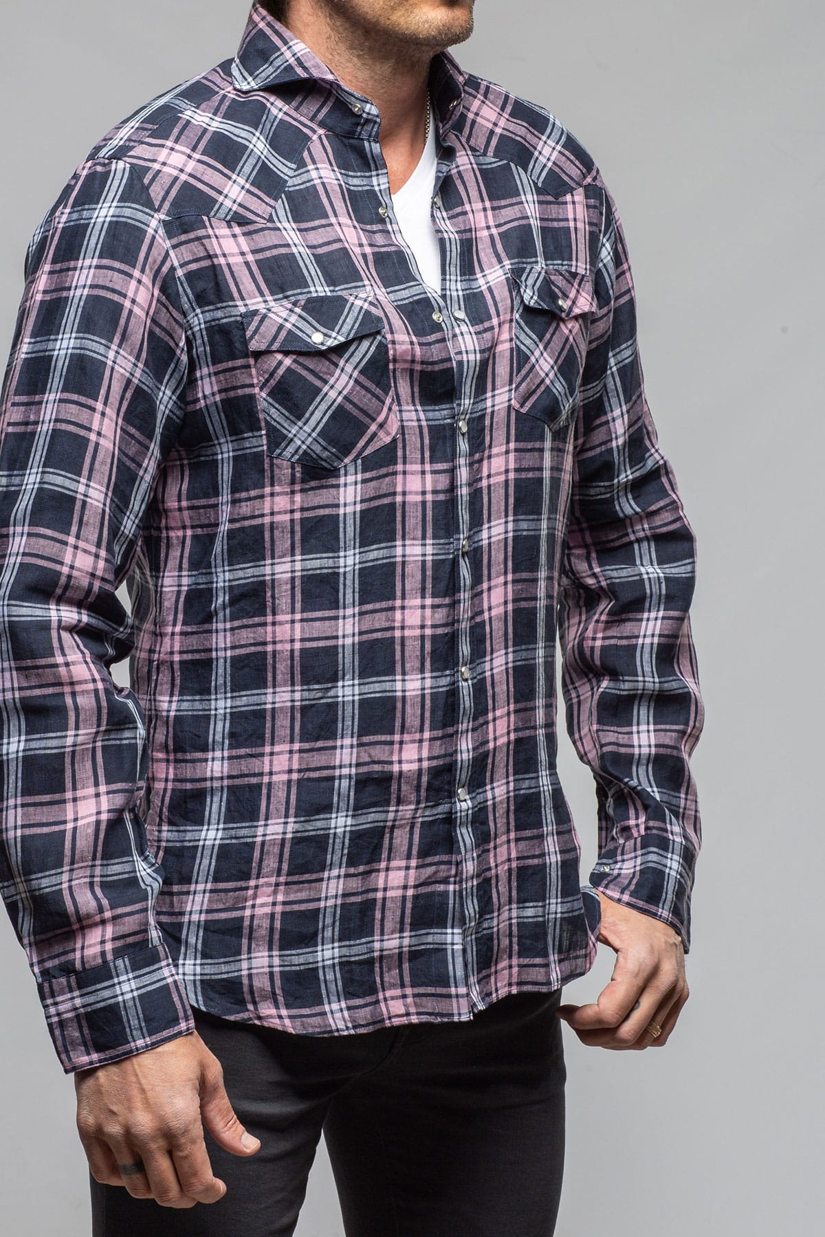 Giannetto Portofino Firenze Linen Snap Shirt In Navy/Pink Mens - Shirts - Dress