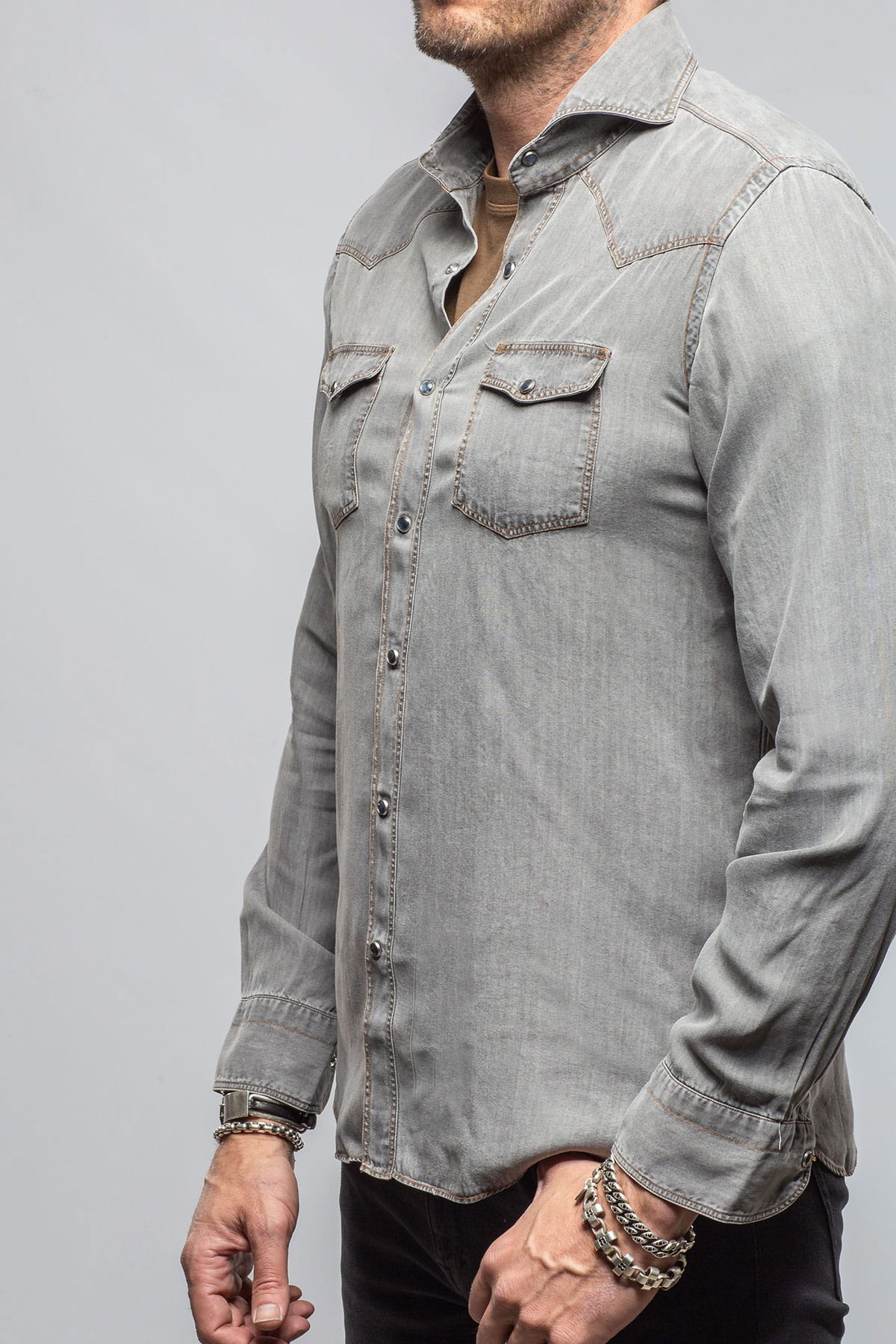 Giannetto Portofino Grey Cliff Western Snap Shirt In Grey Mens - Shirts - Dress