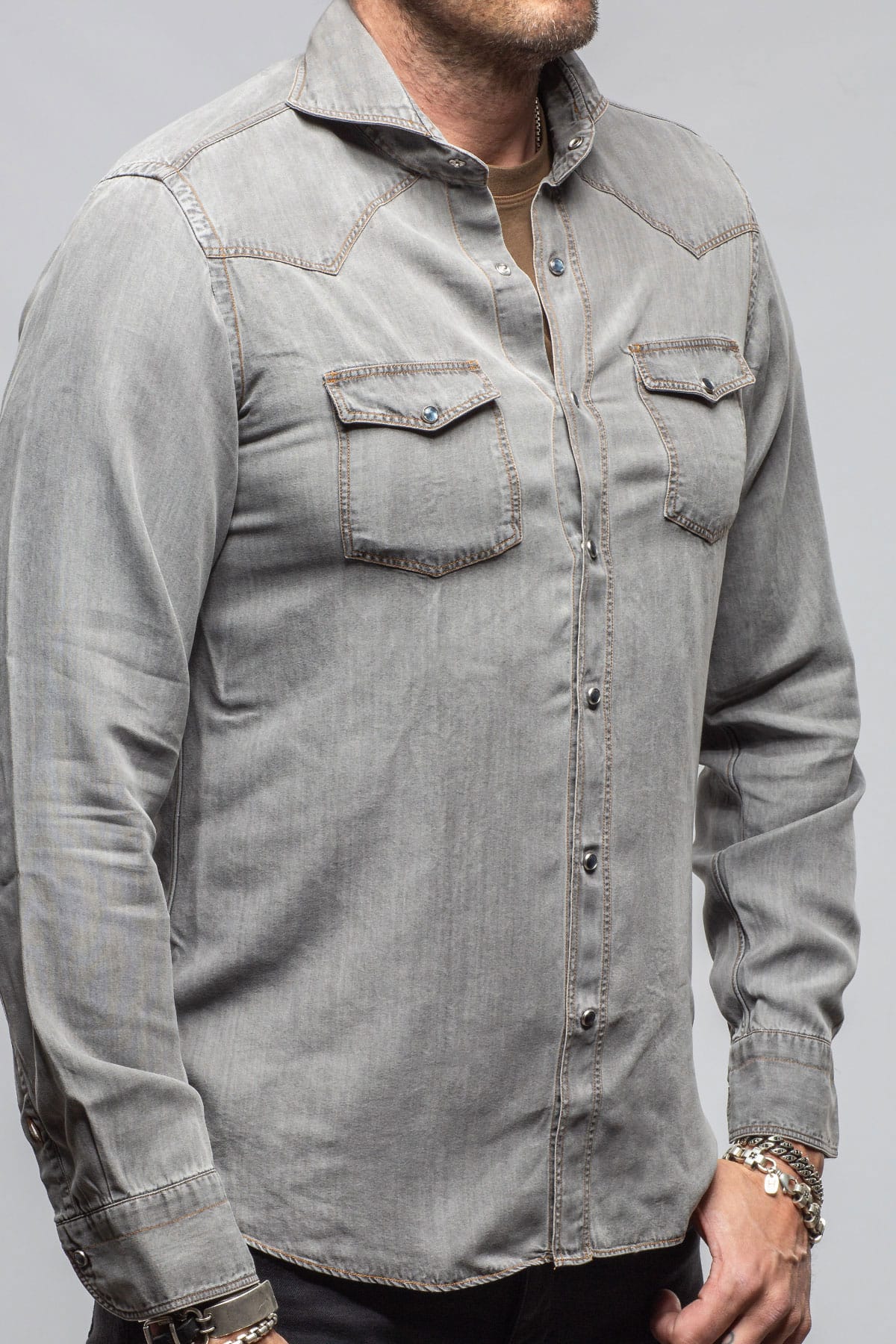 Giannetto Portofino Grey Cliff Western Snap Shirt In Grey Mens - Shirts - Dress