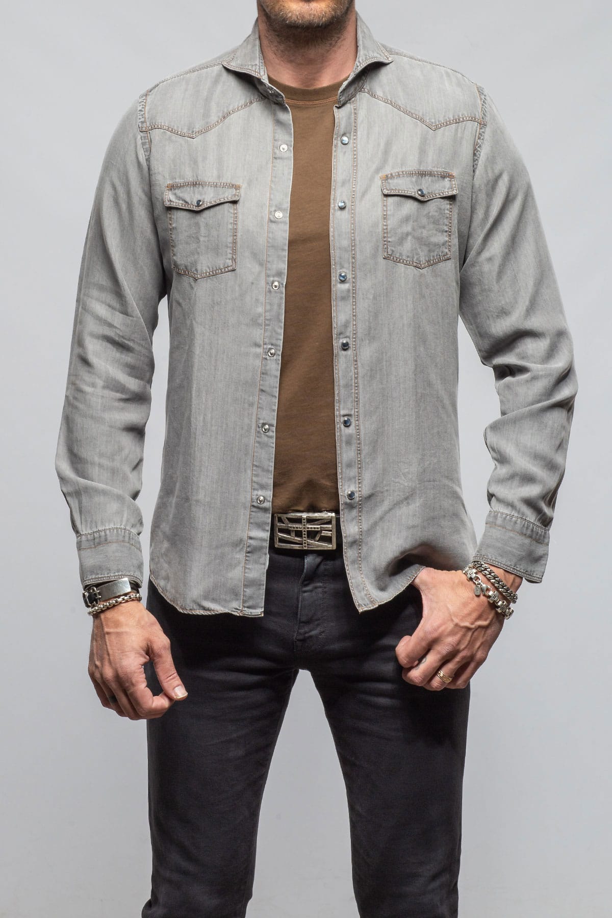 Giannetto Portofino Grey Cliff Western Snap Shirt In Grey Mens - Shirts - Dress