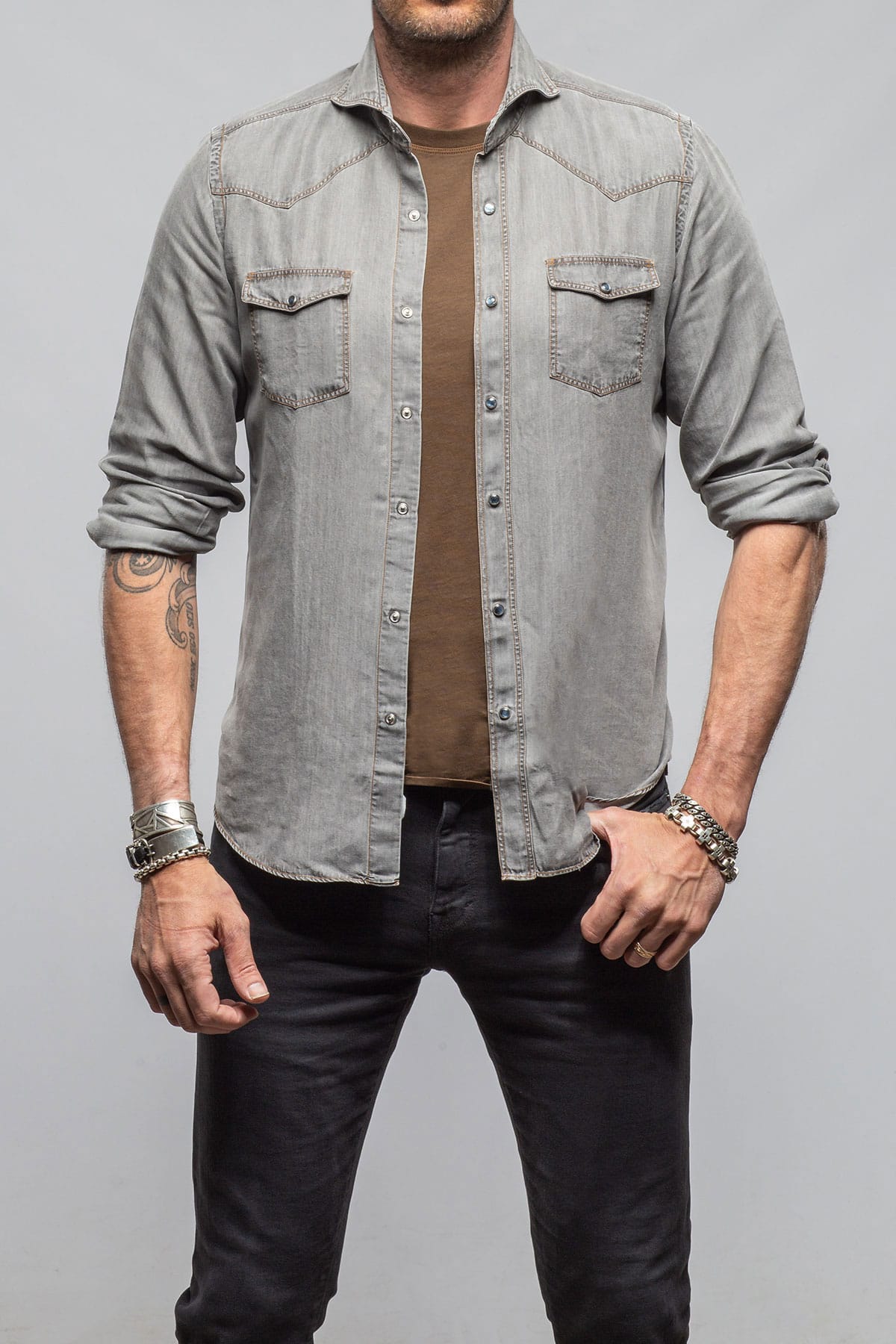 Giannetto Portofino Grey Cliff Western Snap Shirt In Grey Mens - Shirts - Dress