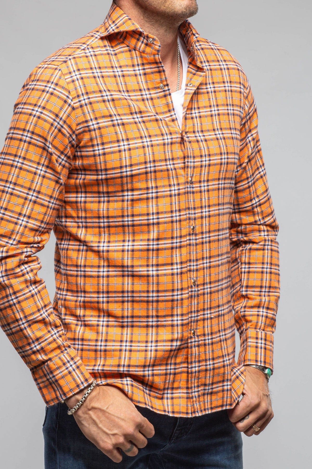 Giannetto Portofino Harmony Check Flannel Shirt In Orange Navy | Mens - Shirts - Dress