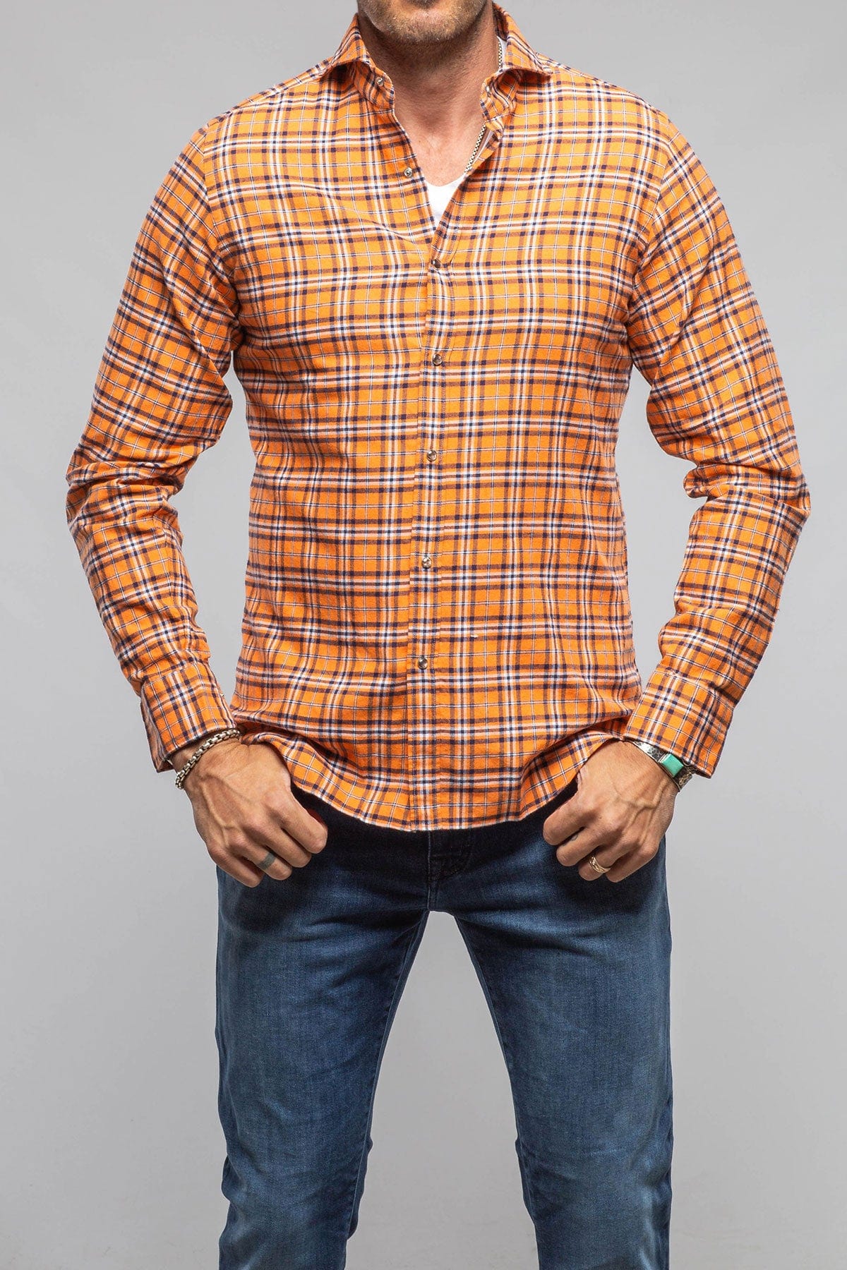 Giannetto Portofino Harmony Check Flannel Shirt In Orange Navy | Mens - Shirts - Dress