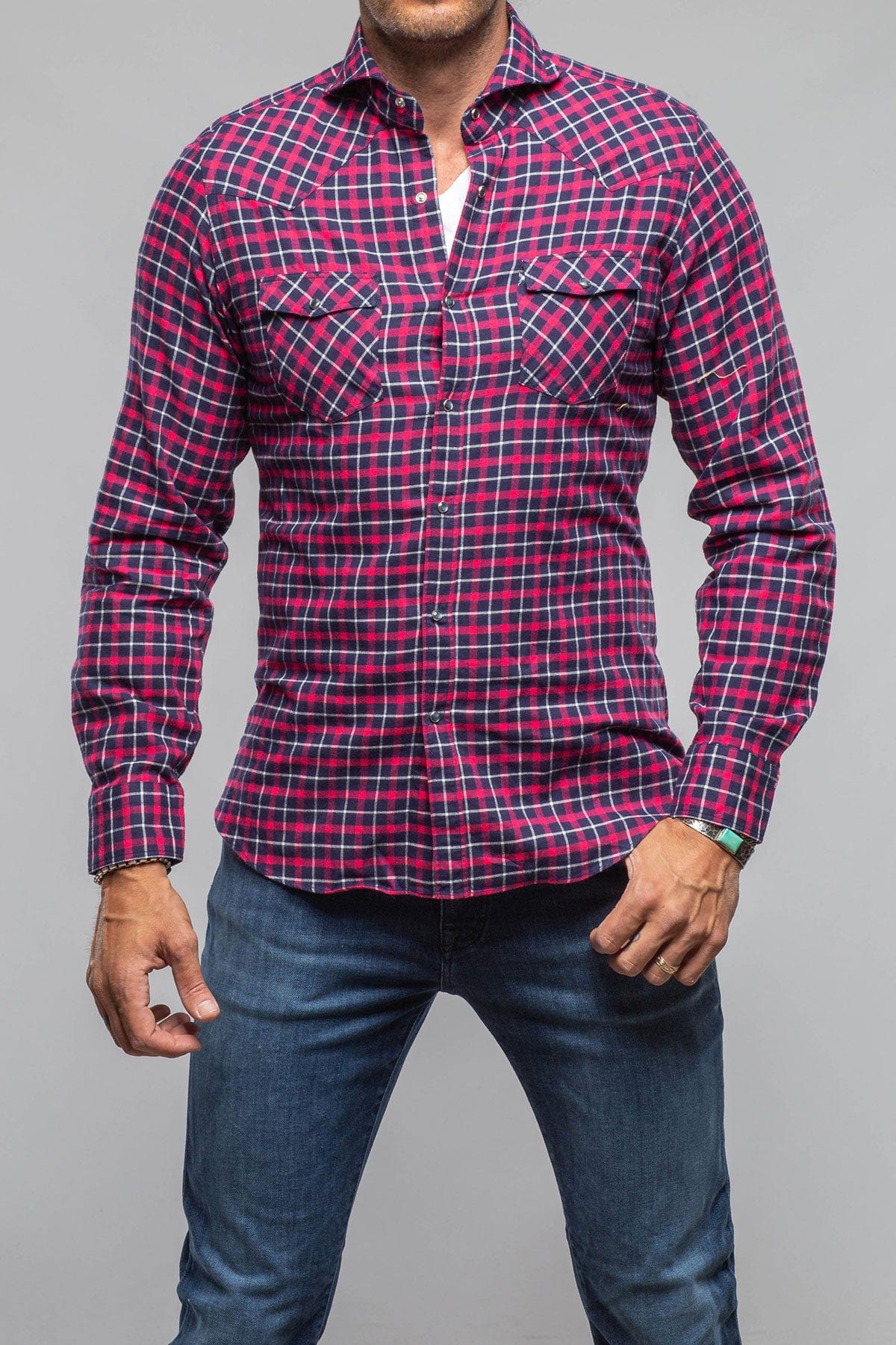 Giannetto Portofino Harmony Check Flannel Shirt In Pink Navy | Mens - Shirts - Dress