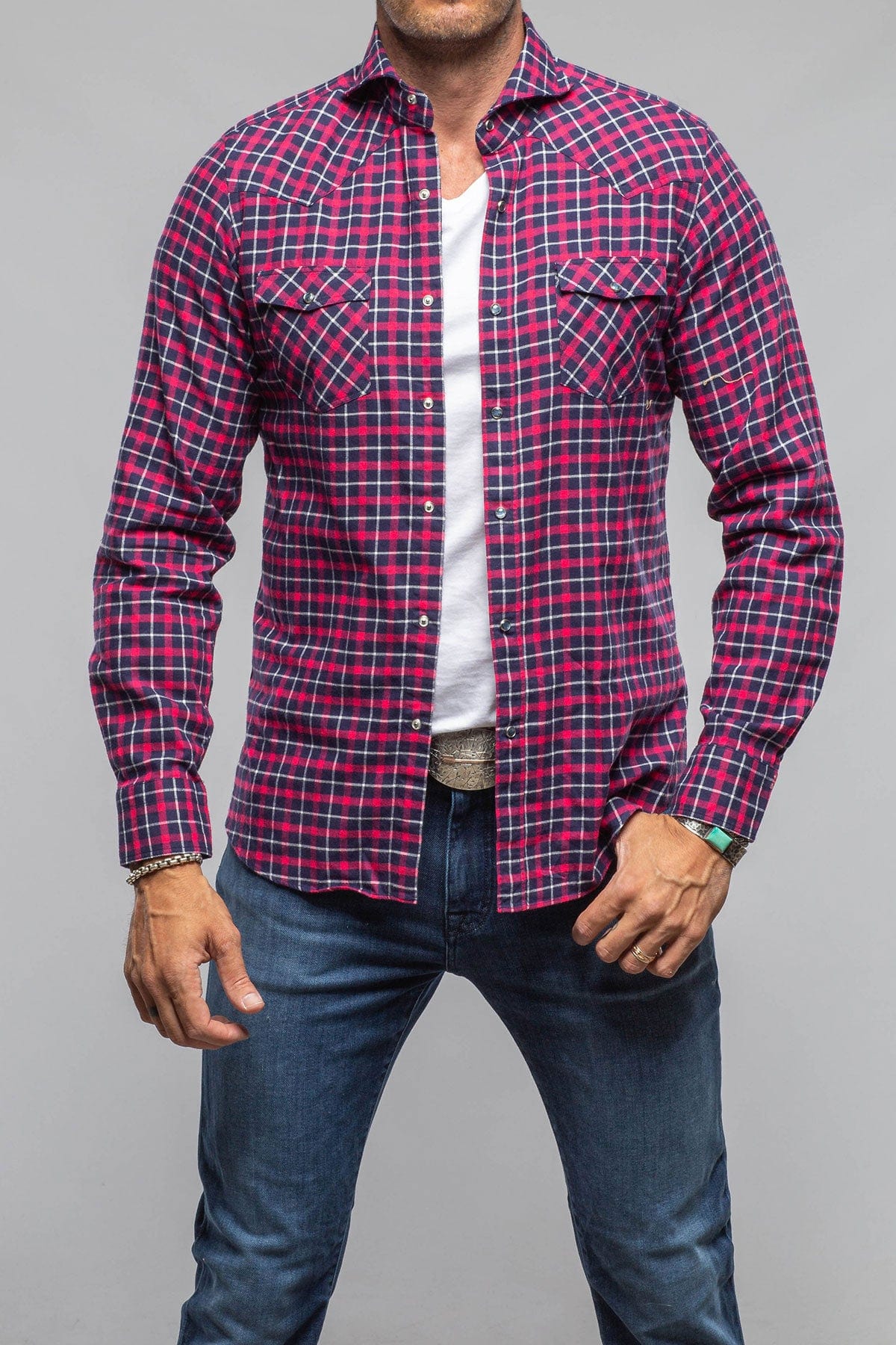 Giannetto Portofino Harmony Check Flannel Shirt In Pink Navy | Mens - Shirts - Dress