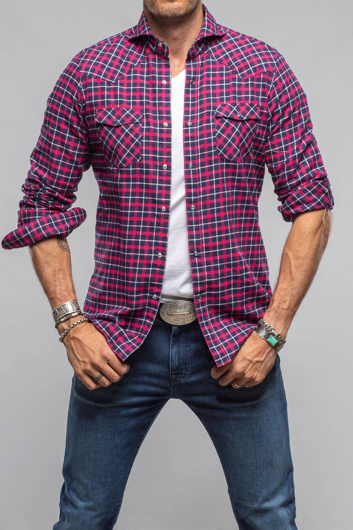 Giannetto Portofino Harmony Check Flannel Shirt In Pink Navy | Mens - Shirts - Dress