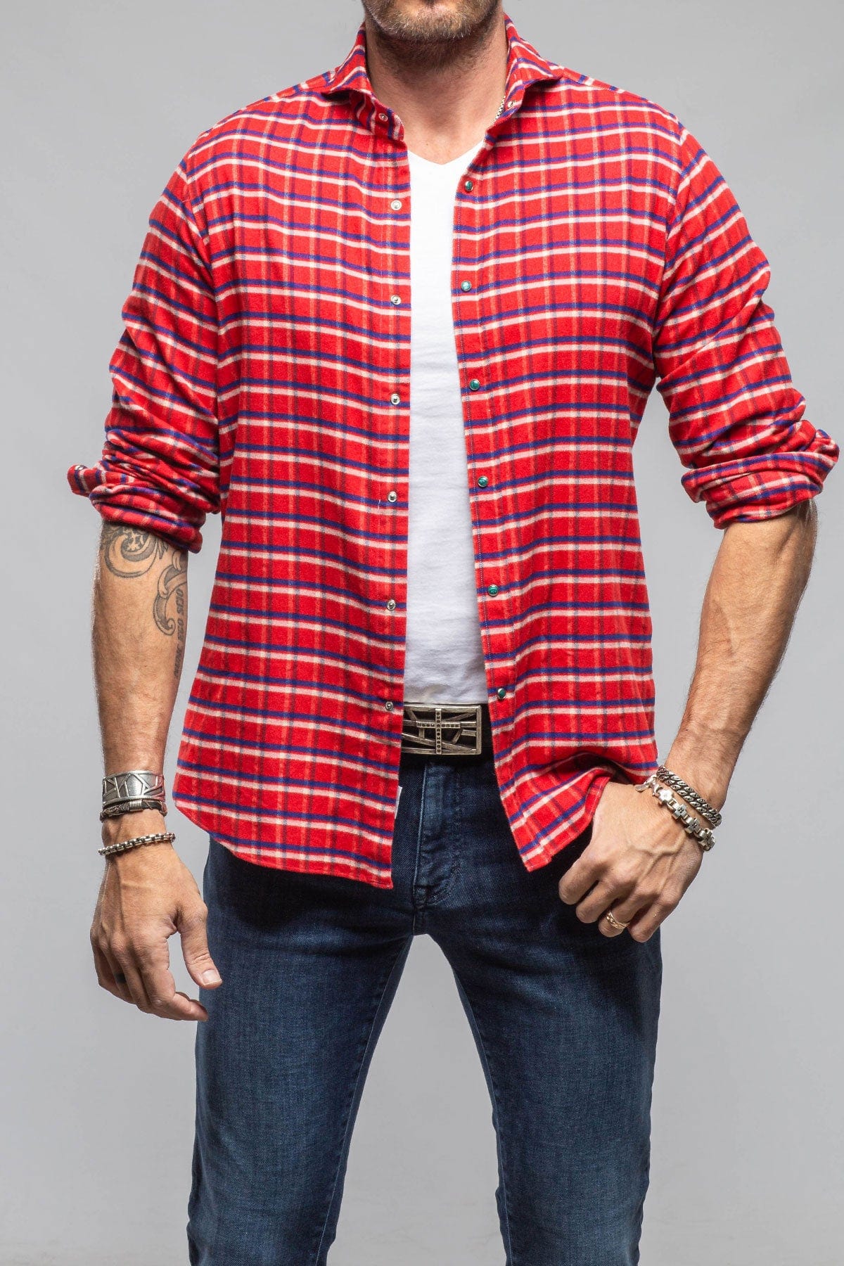 Giannetto Portofino Harmony Check Flannel Shirt In Red Navy Mens - Shirts - Dress