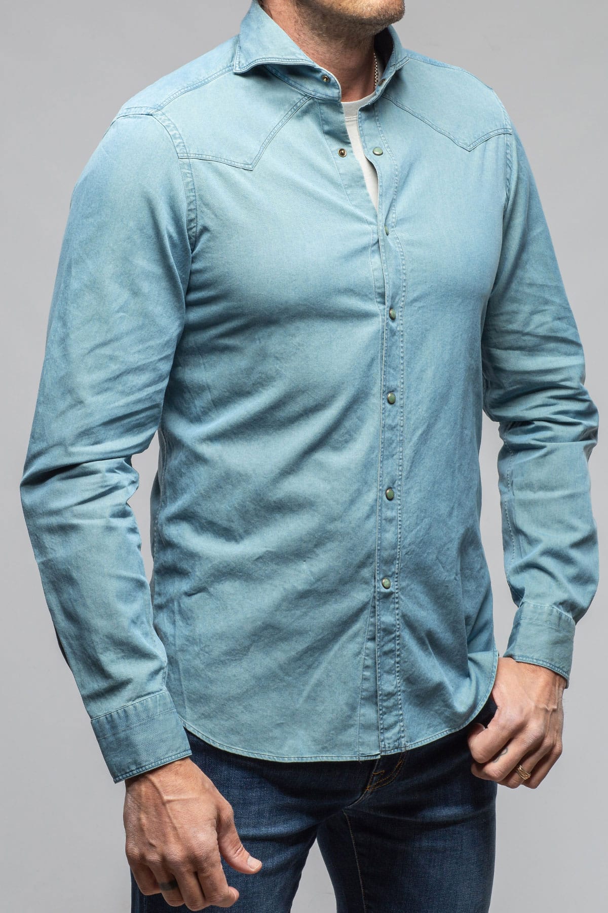 Giannetto Portofino High Water Two Tone Snap Shirt In Green/Denim Mens - Shirts - Dress