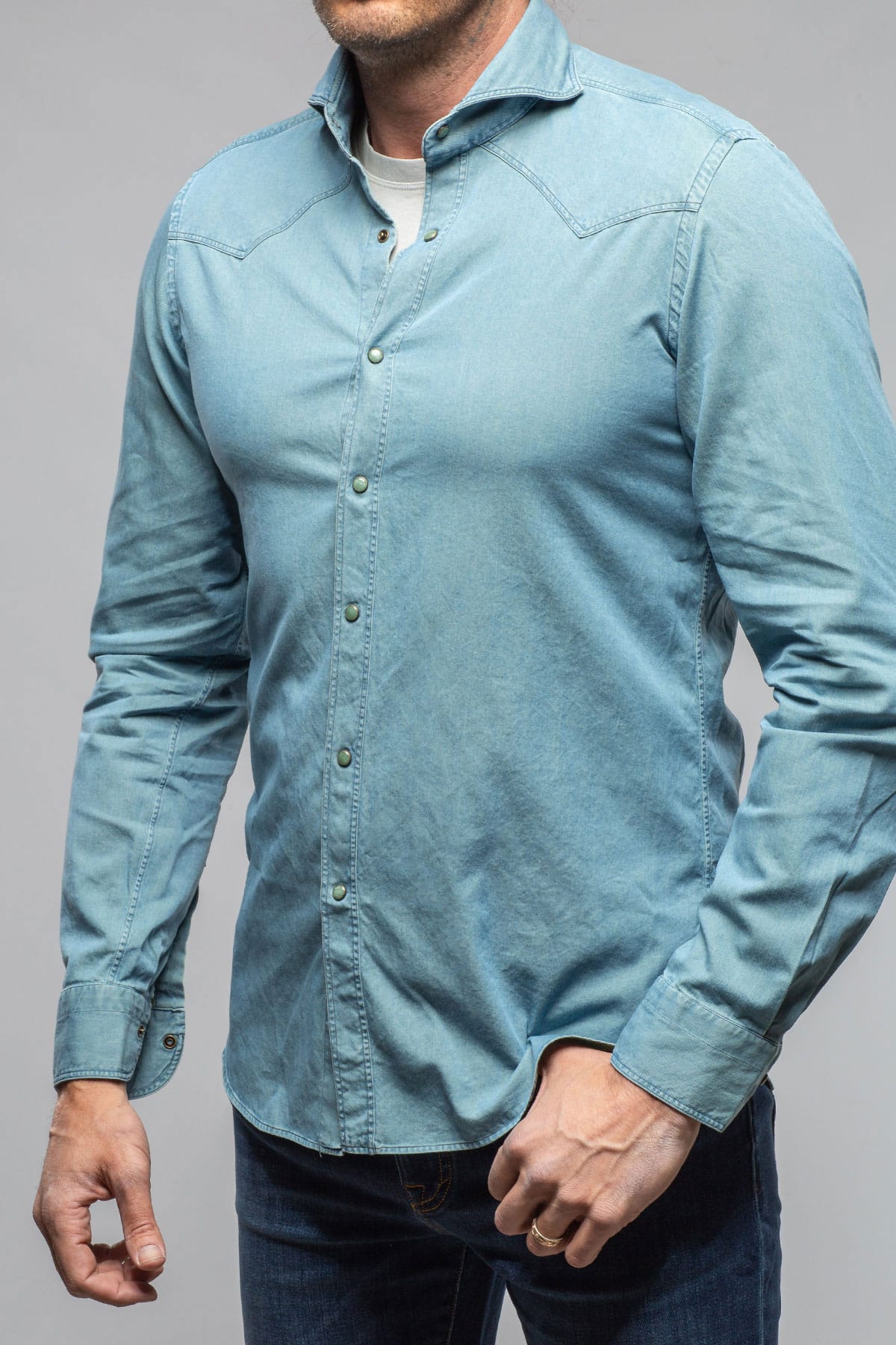 Giannetto Portofino High Water Two Tone Snap Shirt In Green/Denim Mens - Shirts - Dress