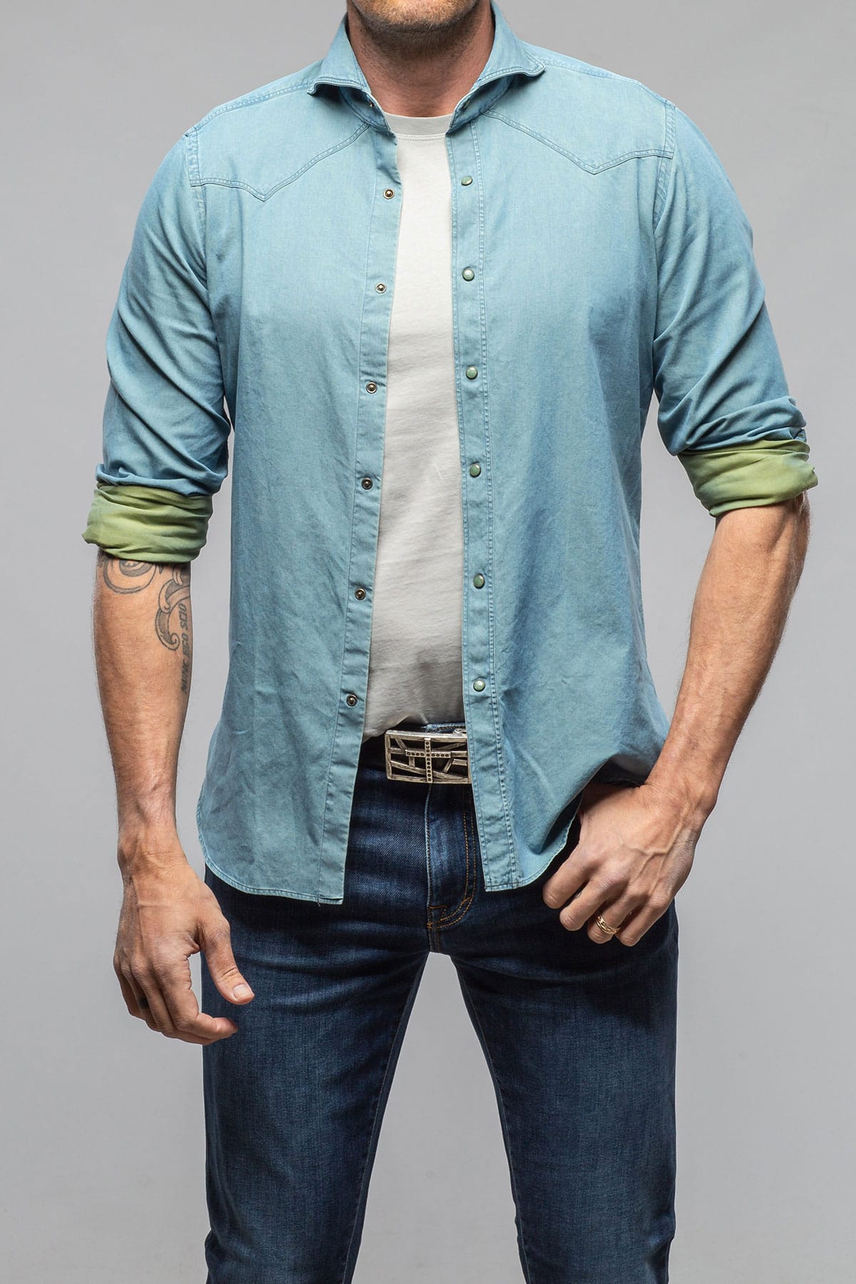 Giannetto Portofino High Water Two Tone Snap Shirt In Green/Denim Mens - Shirts - Dress