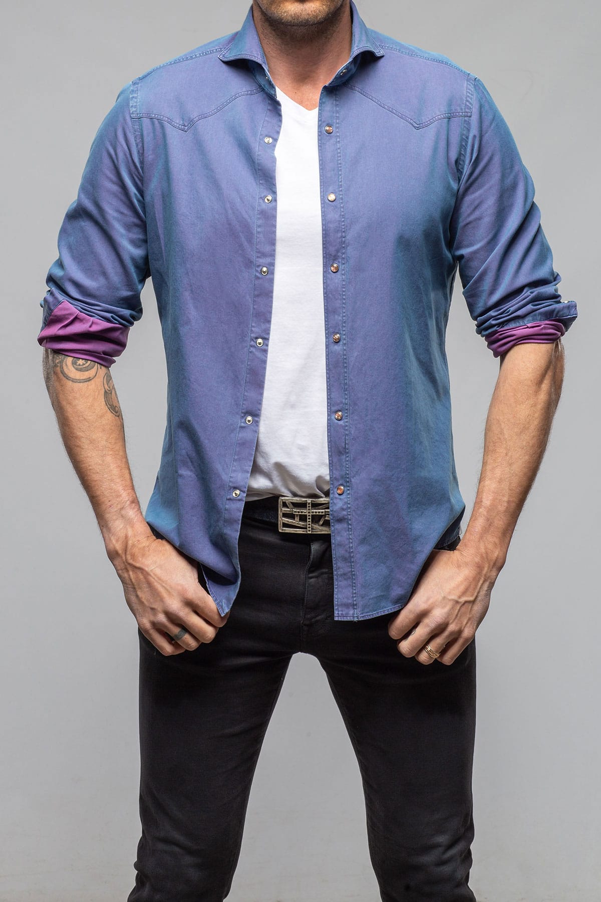 Giannetto Portofino High Water Two Tone Snap Shirt In Purple/Denim Mens - Shirts - Dress