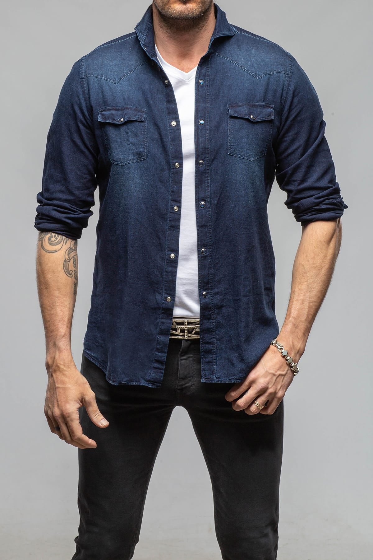 Round Rock Chambray Western Snap Shirt In Dark Blue - AXEL'S