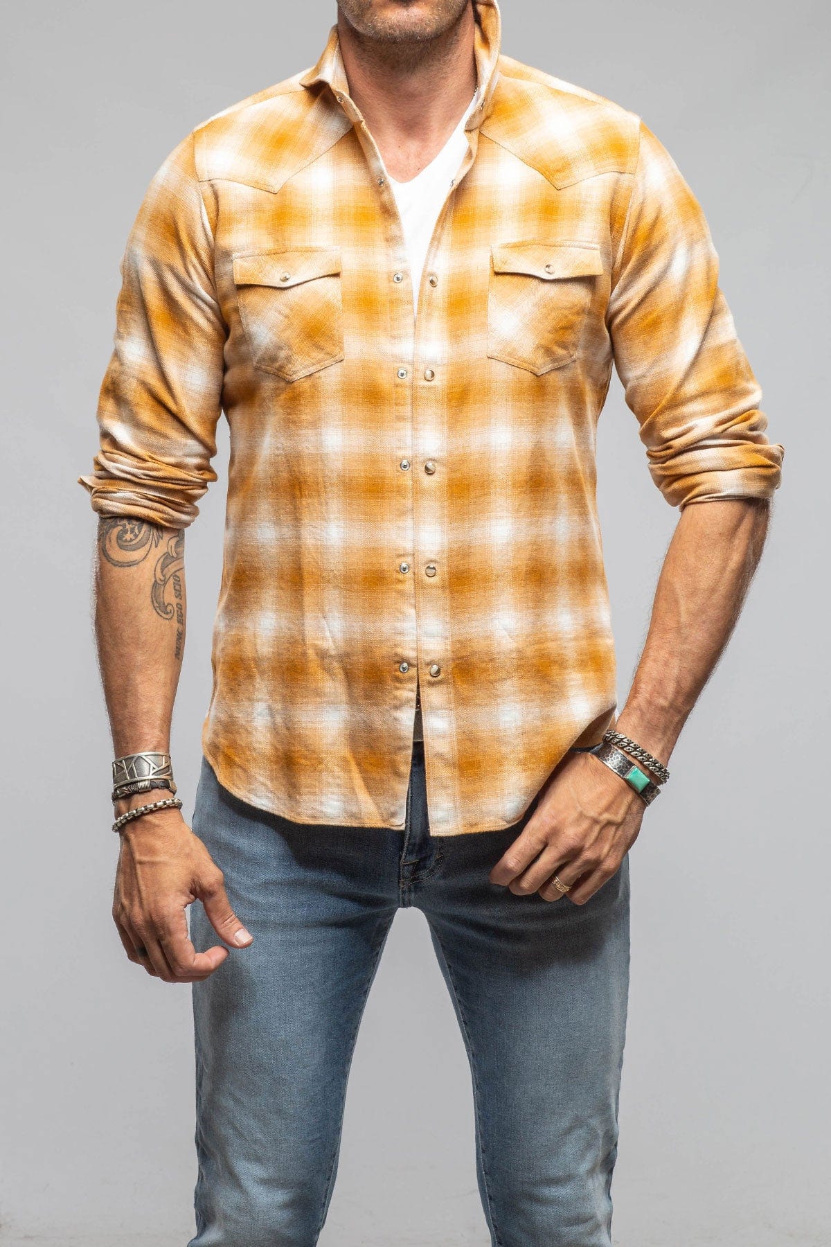 Secluded Washed Western Snap Shirt In Yellow - AXEL'S