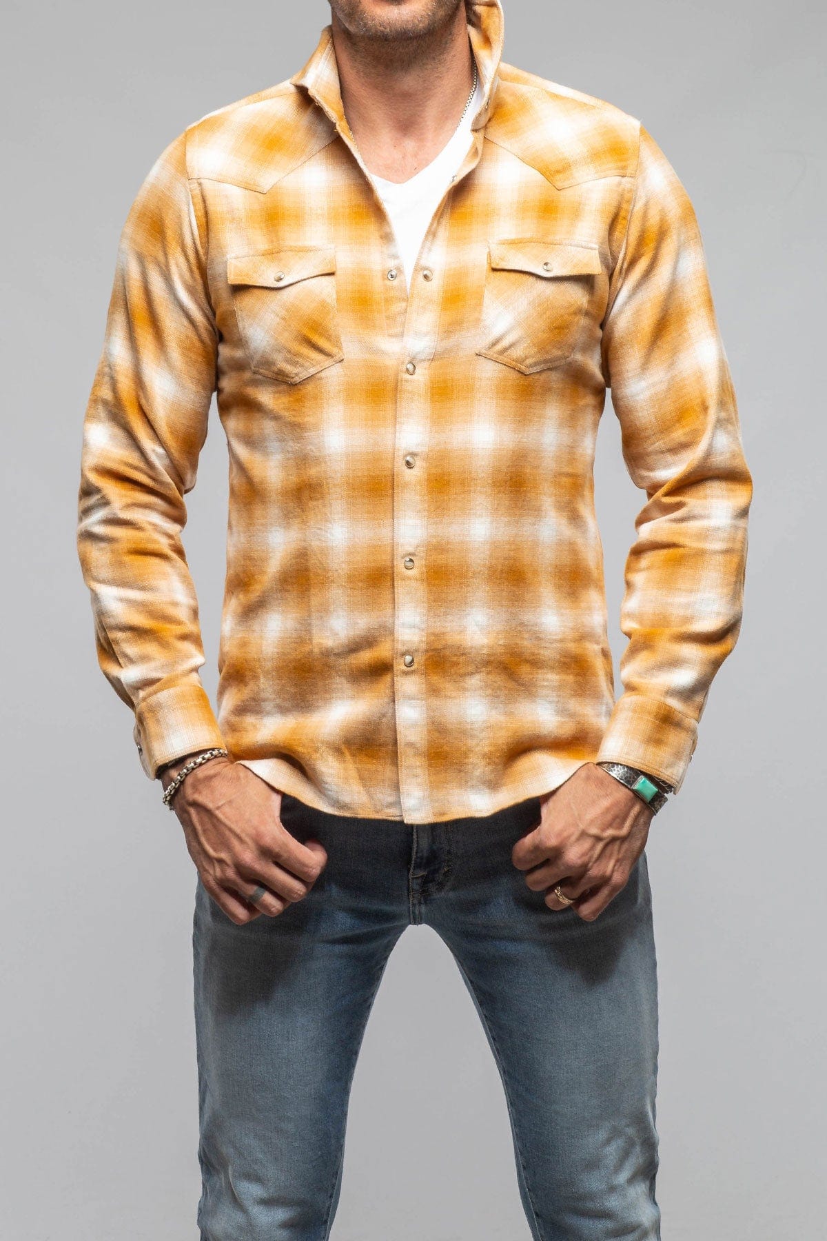 Secluded Washed Western Snap Shirt In Yellow - AXEL'S