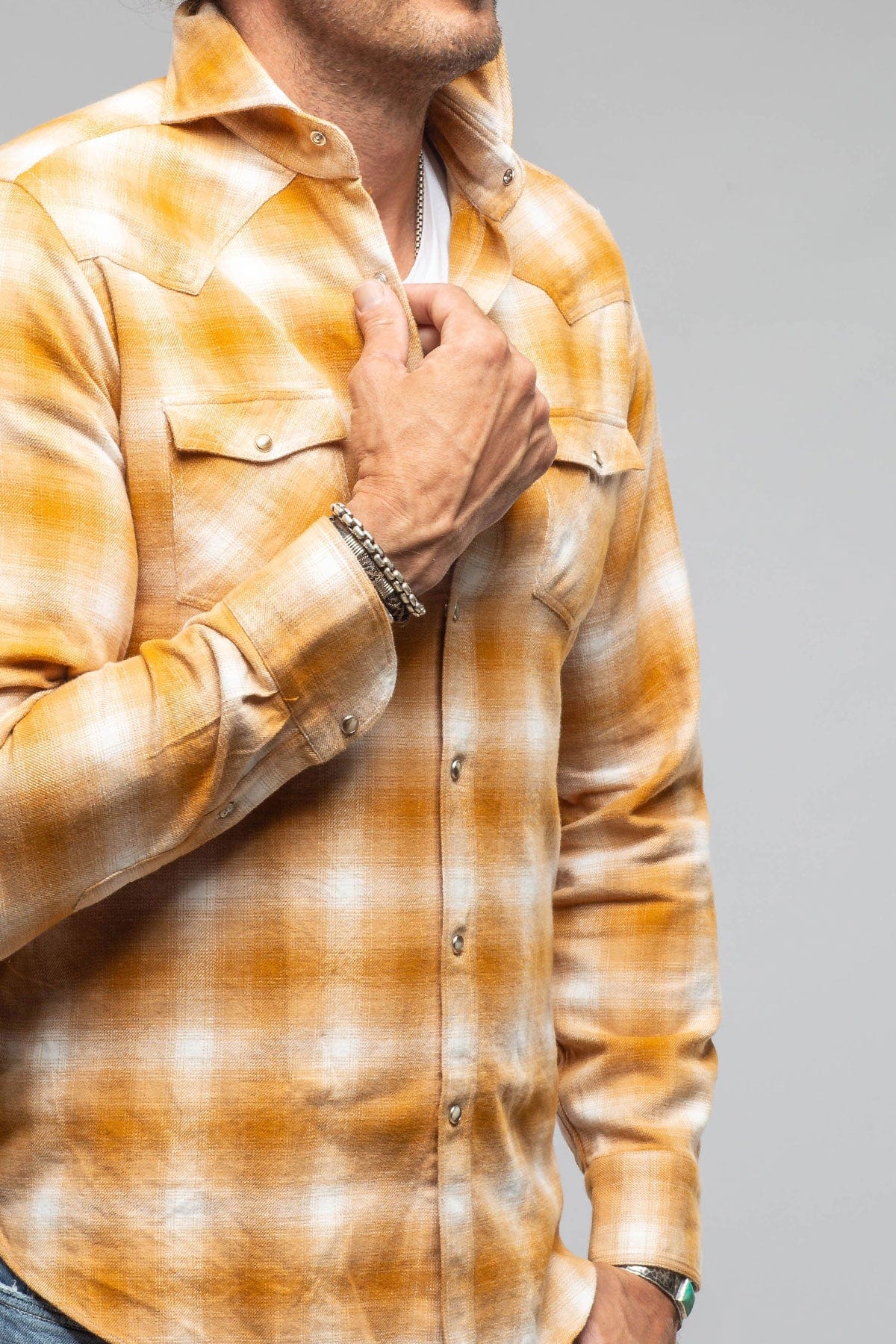 Secluded Washed Western Snap Shirt In Yellow - AXEL'S