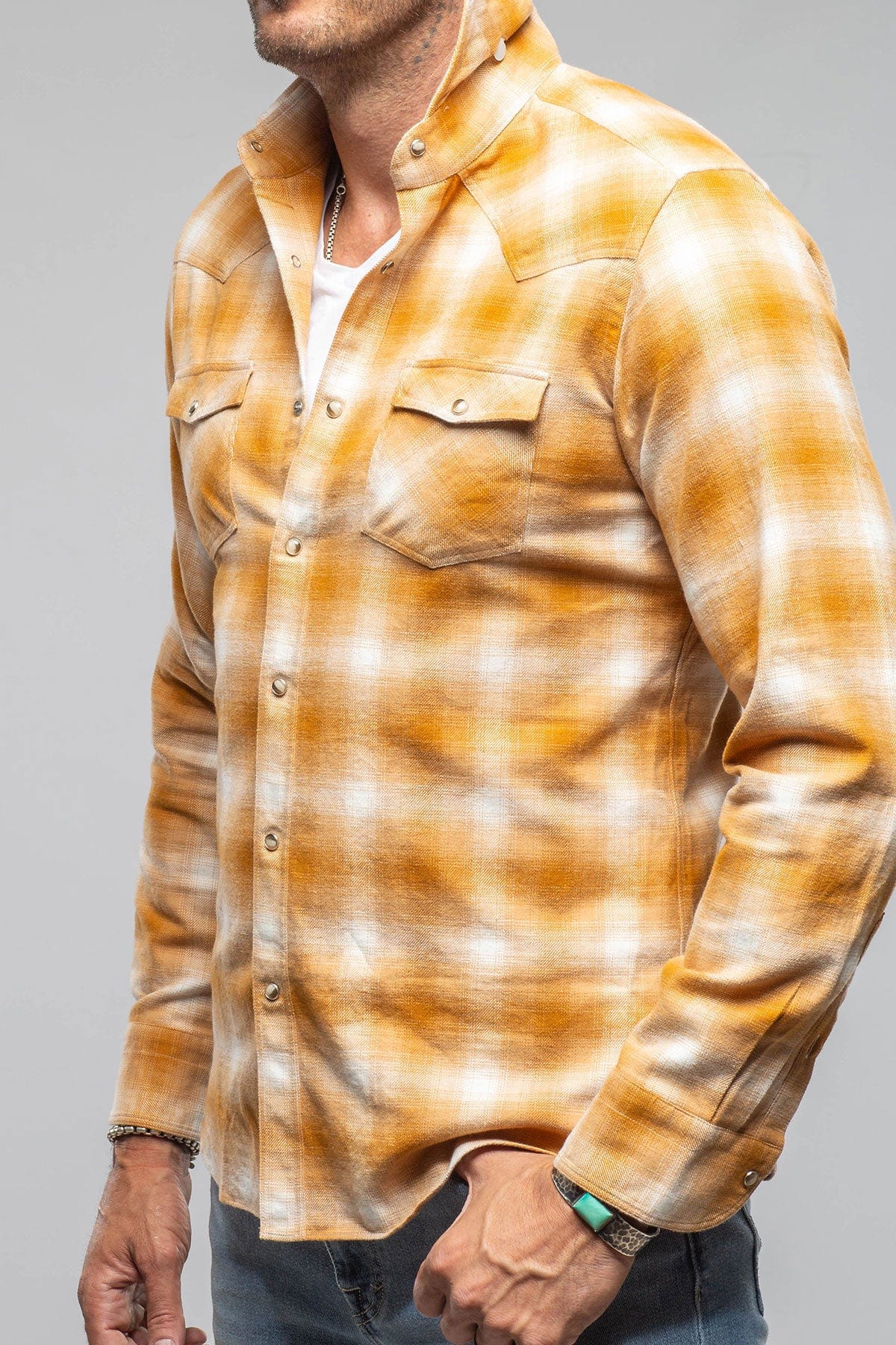 Secluded Washed Western Snap Shirt In Yellow - AXEL'S