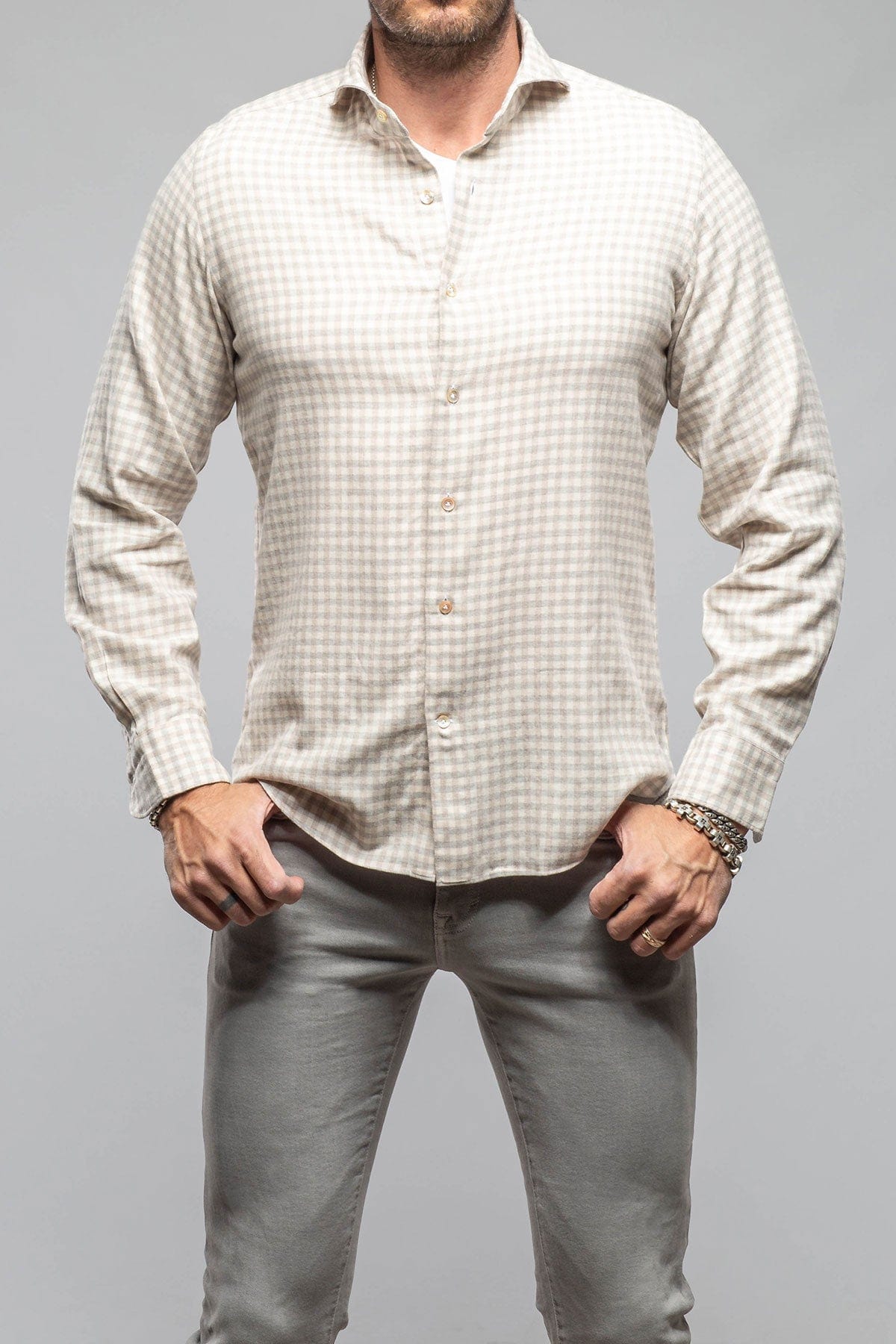 Giannetto Portofino Starlight Soft Cotton Shirt In Beige Tan Check Mens - Shirts - Dress