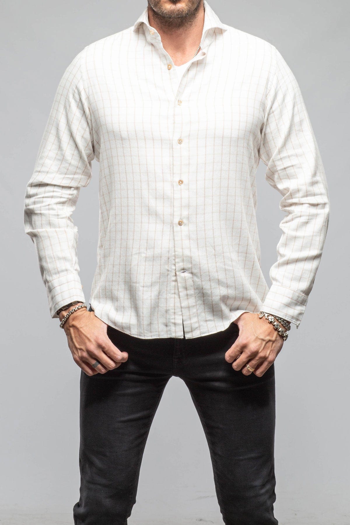 Giannetto Portofino Starlight Soft Cotton Shirt In Beige White Check Mens - Shirts - Dress