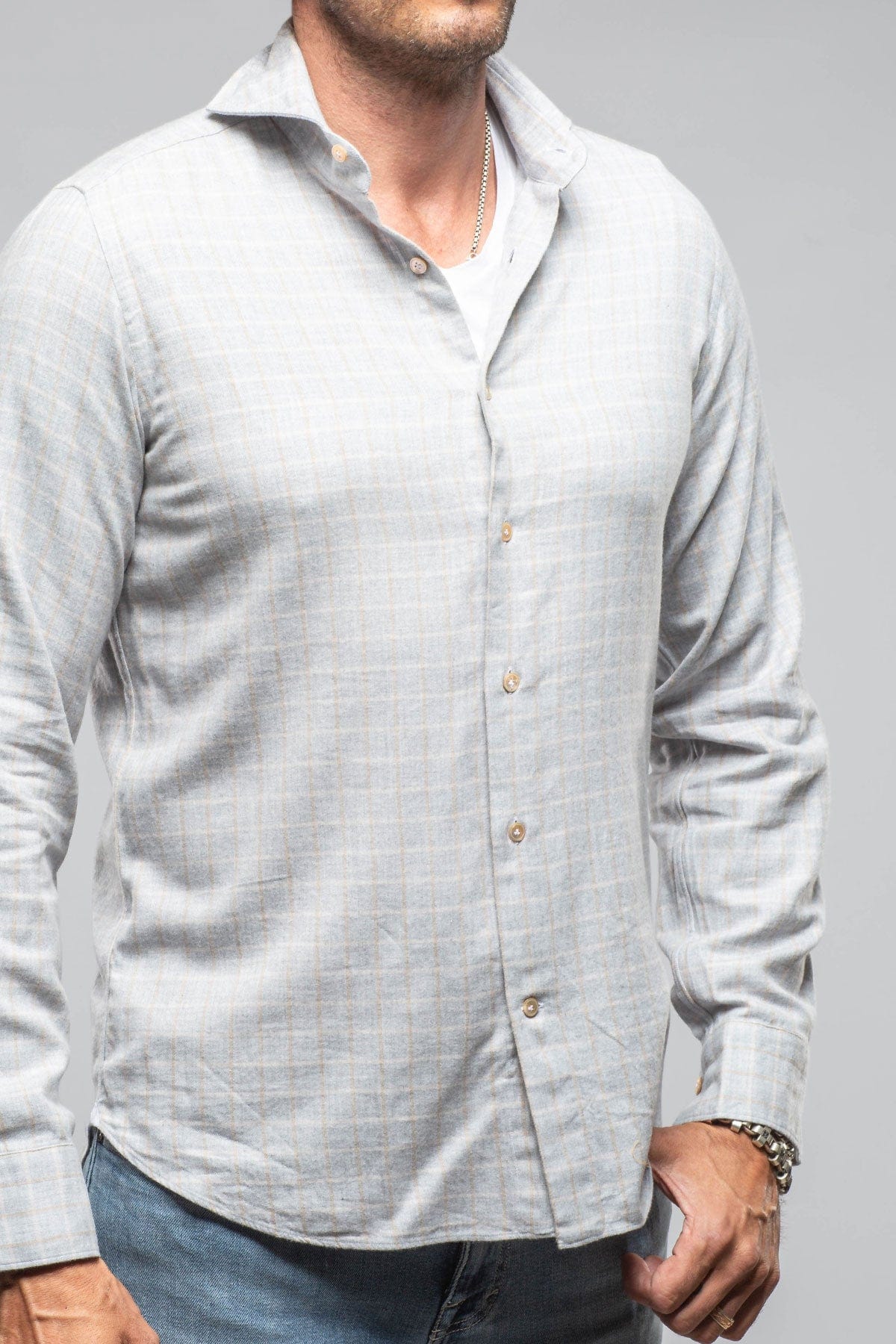 Giannetto Portofino Starlight Soft Cotton Shirt In Grey Tan Check | Mens - Shirts - Dress