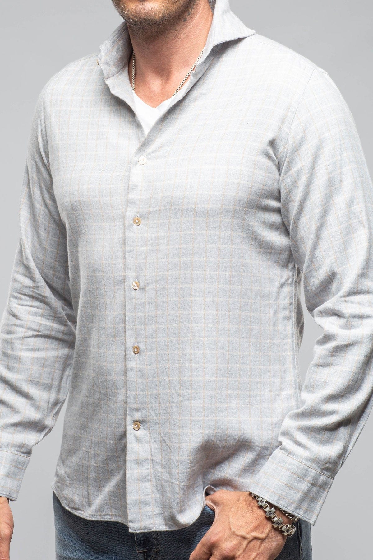 Giannetto Portofino Starlight Soft Cotton Shirt In Grey Tan Check | Mens - Shirts - Dress