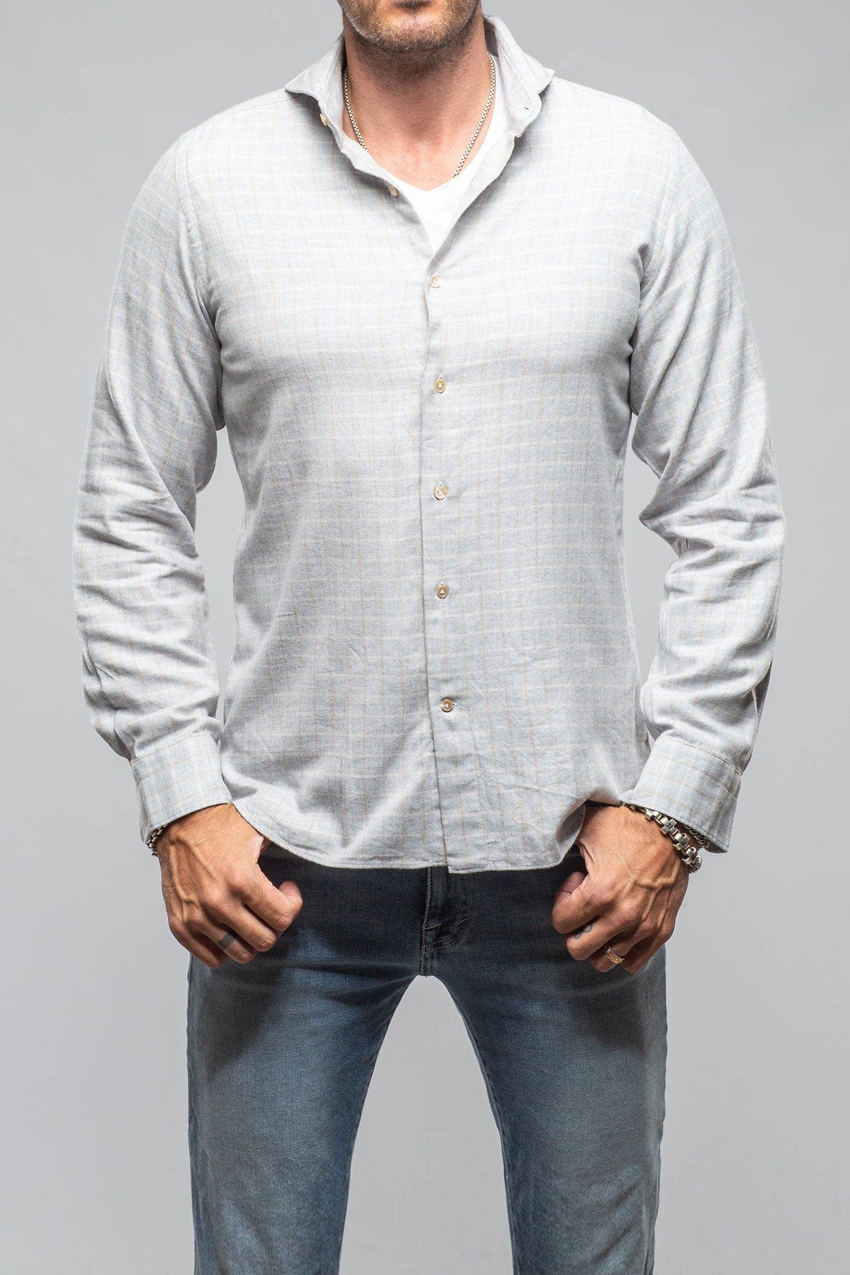 Giannetto Portofino Starlight Soft Cotton Shirt In Grey Tan Check | Mens - Shirts - Dress