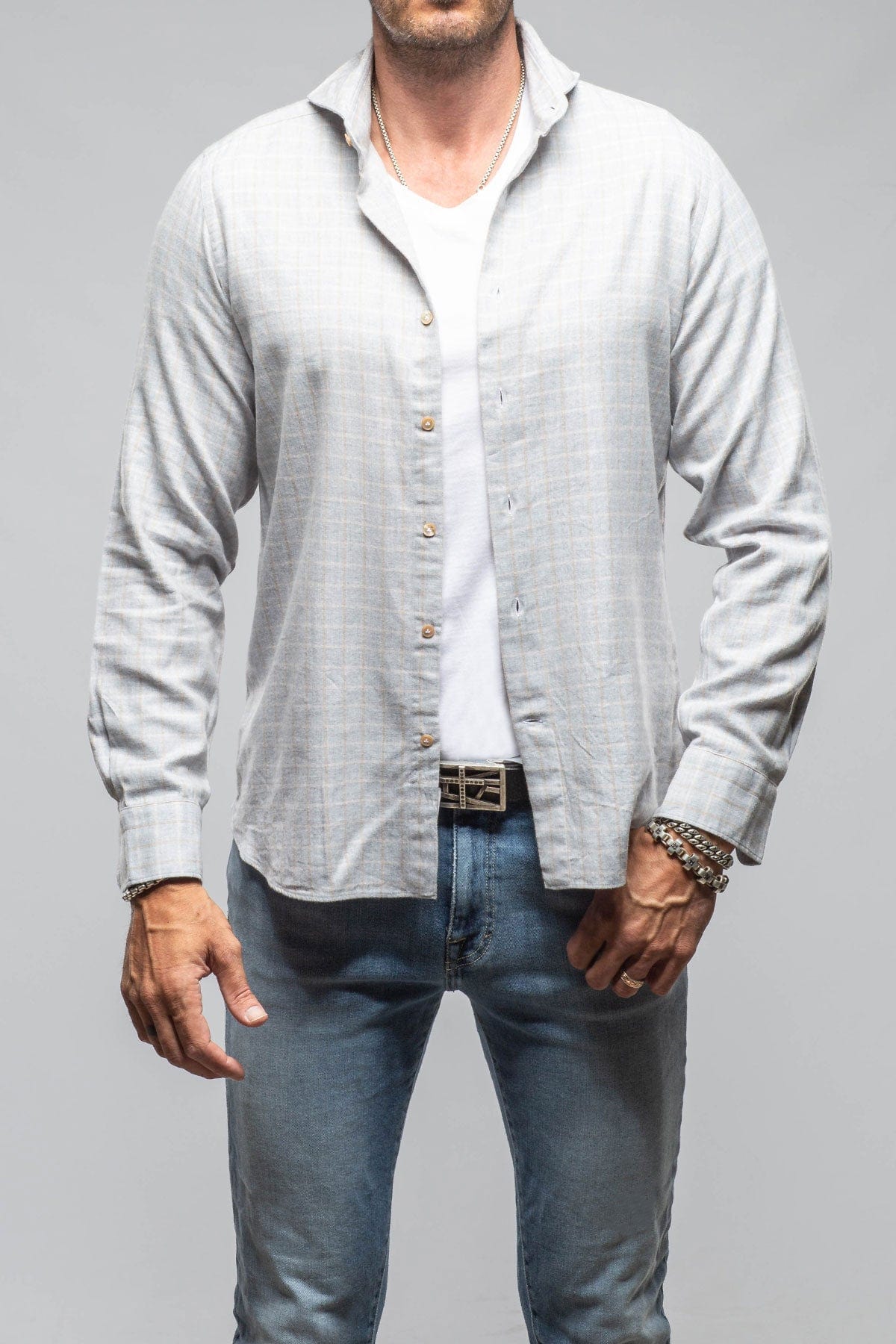 Giannetto Portofino Starlight Soft Cotton Shirt In Grey Tan Check | Mens - Shirts - Dress