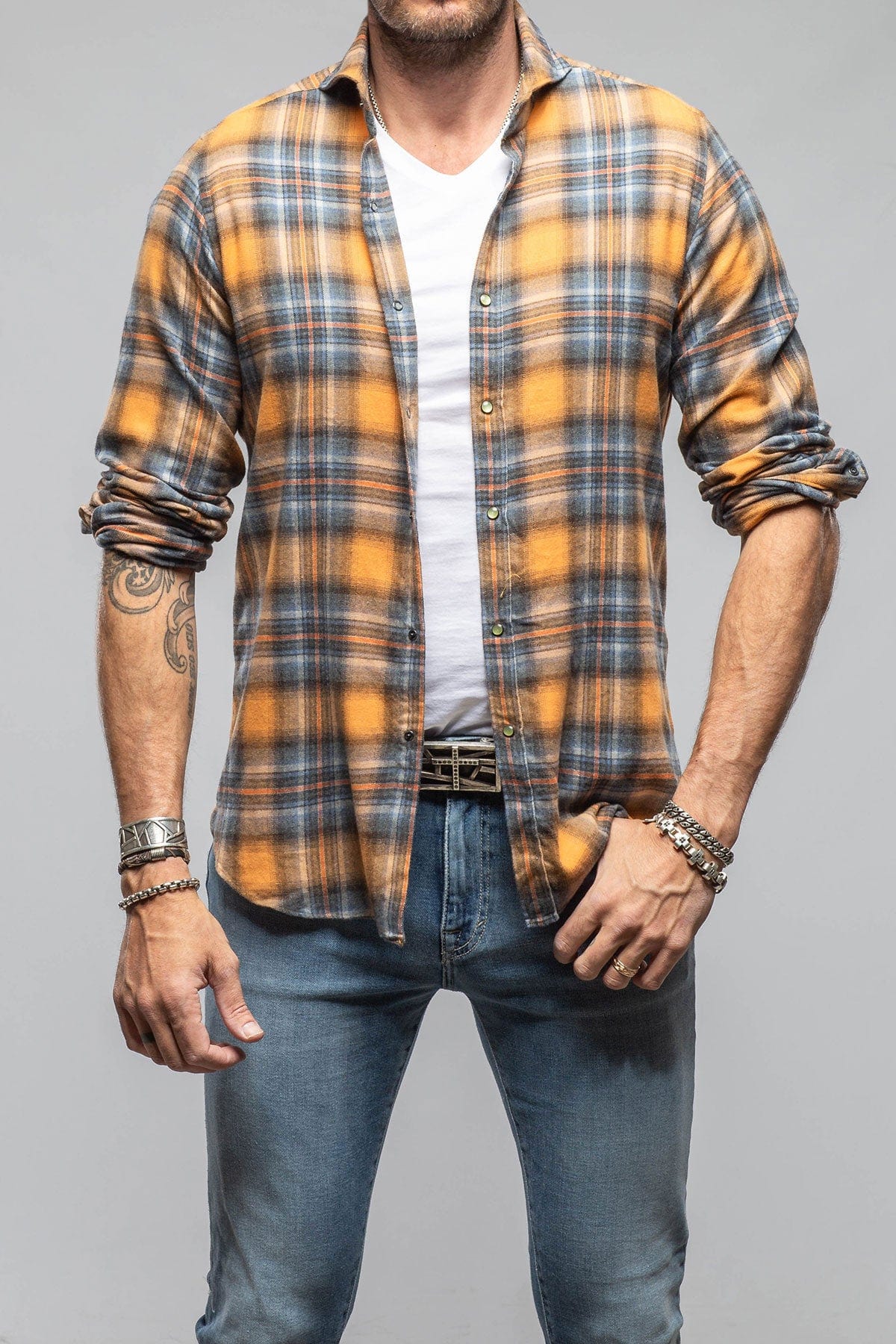 Giannetto Portofino Sunbeam Cotton Check Shirt In Orange Blue Mens - Shirts - Dress
