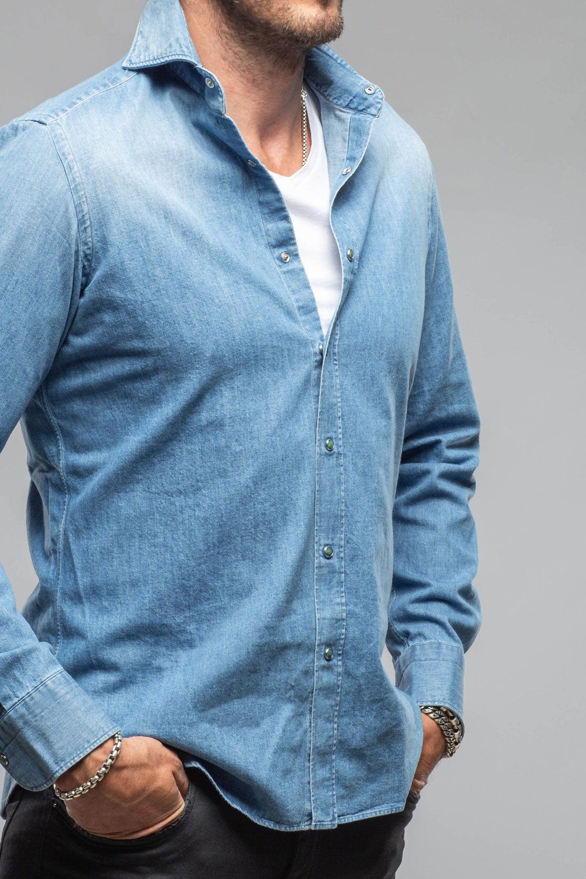 Giannetto Portofino Sunset Denim Washed Shirt in Bleached Blue | Mens - Shirts - Dress