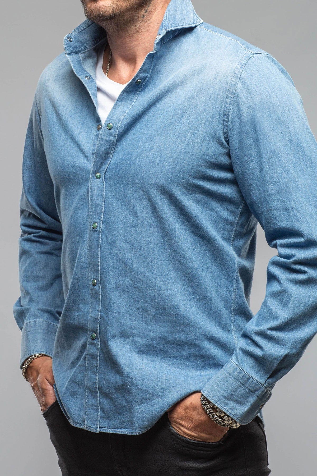 Giannetto Portofino Sunset Denim Washed Snap Shirt In Bleached