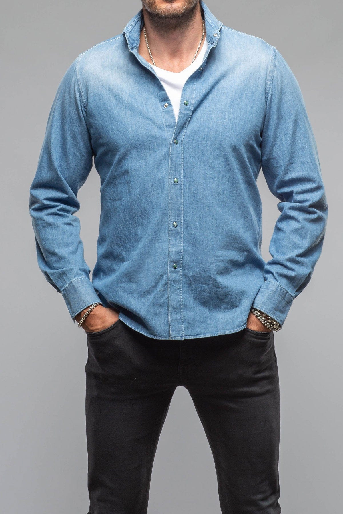 Giannetto Portofino Sunset Denim Washed Snap Shirt In Bleached