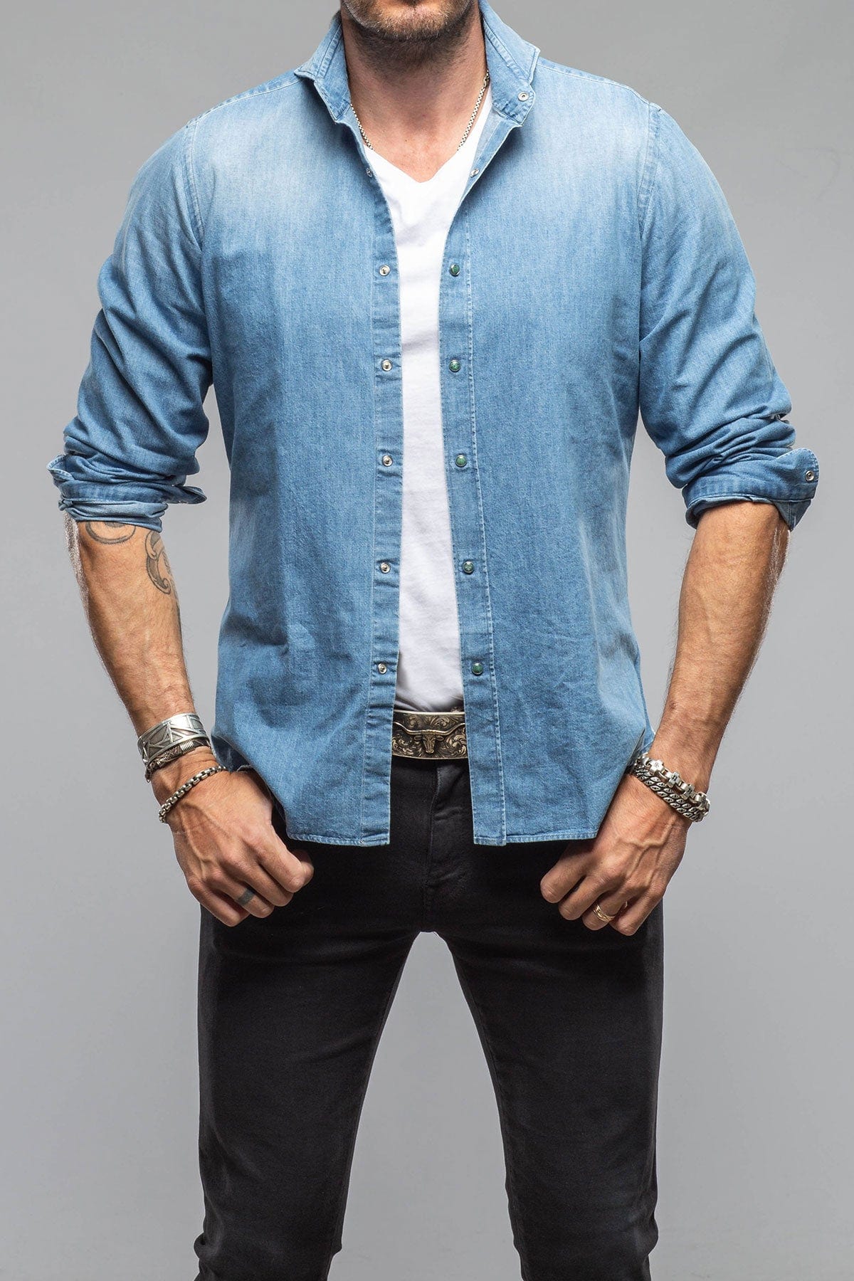 Giannetto Portofino Sunset Denim Washed Shirt in Bleached Blue | Mens - Shirts - Dress