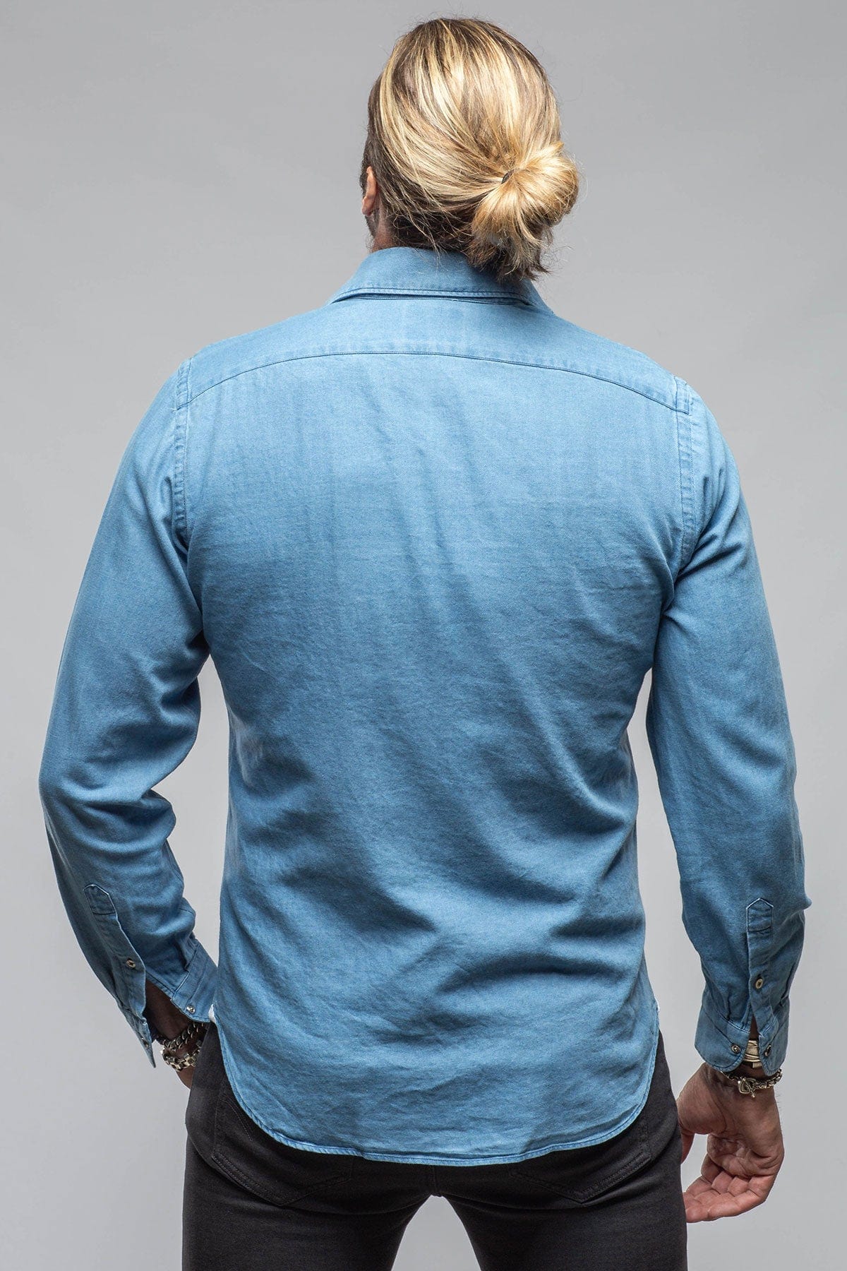 Giannetto Portofino Sunset Denim Washed Snap Shirt In Blue