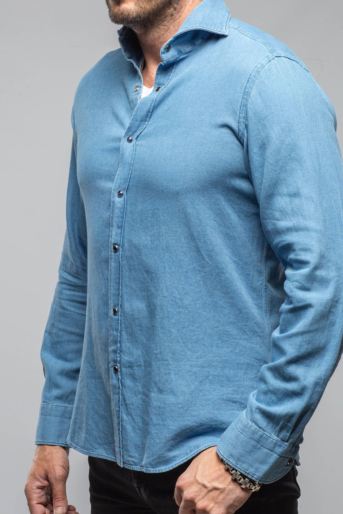 Giannetto Portofino Sunset Denim Washed Snap Shirt In Blue