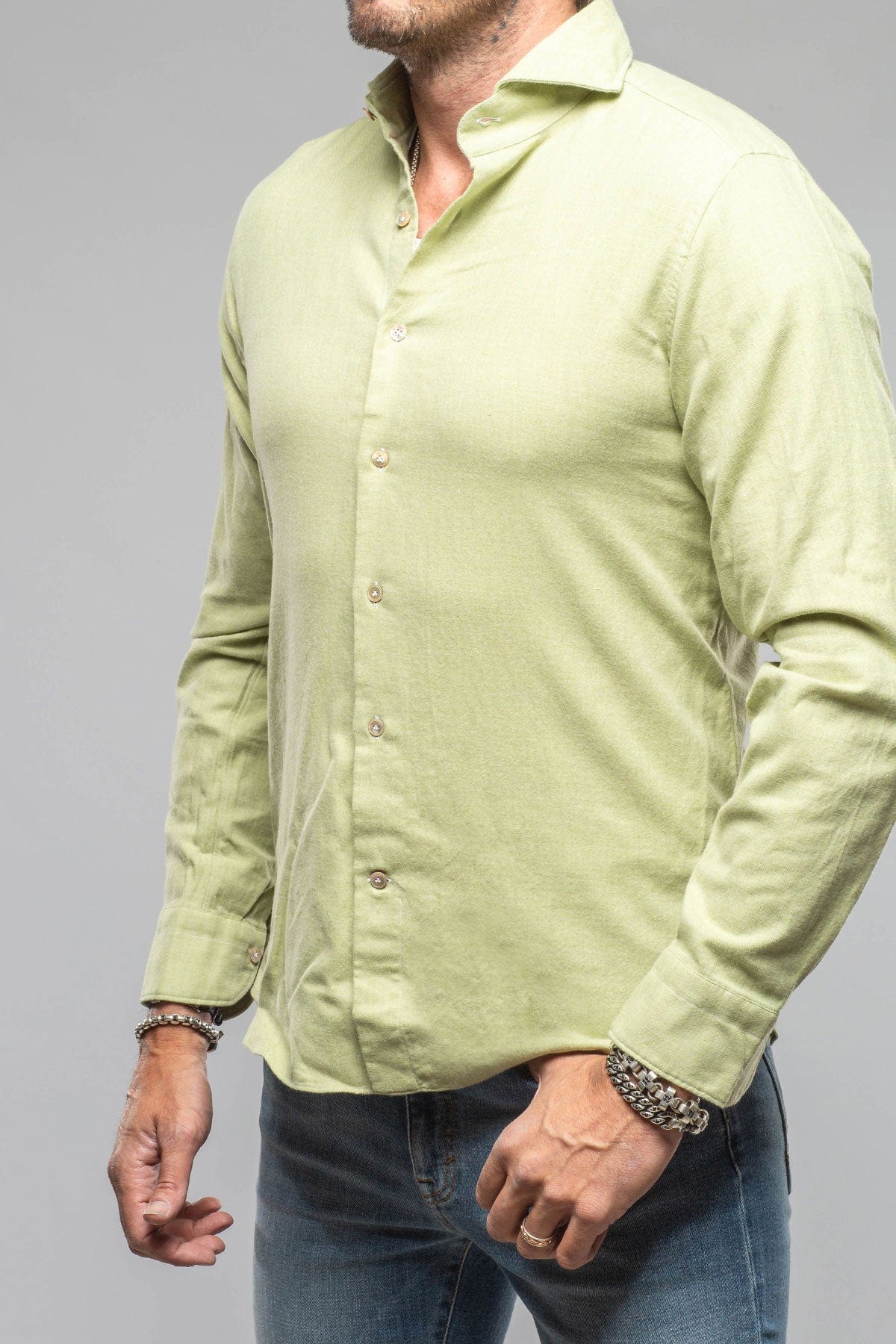 Giannetto Portofino Tranquil Washed Cotton Flannel In Green | Mens - Shirts - Dress