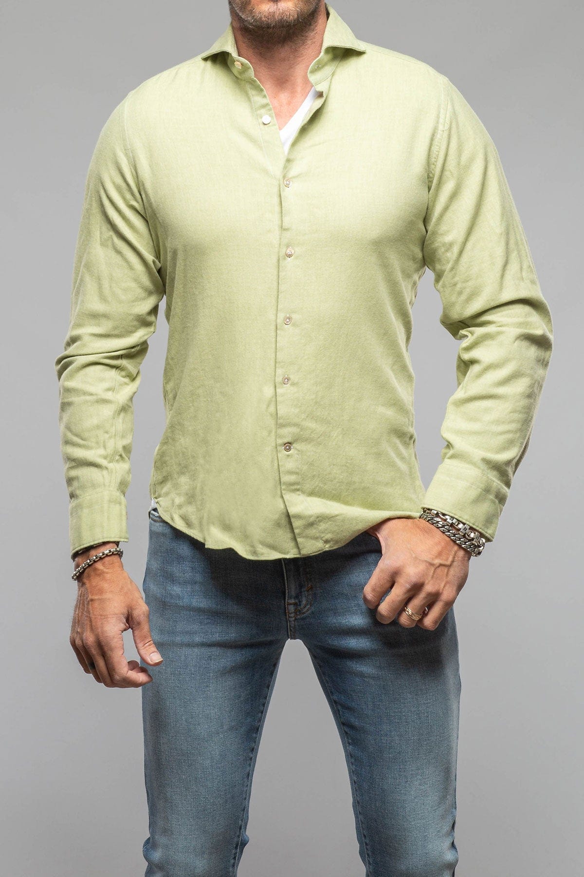 Giannetto Portofino Tranquil Washed Cotton Flannel In Green | Mens - Shirts - Dress