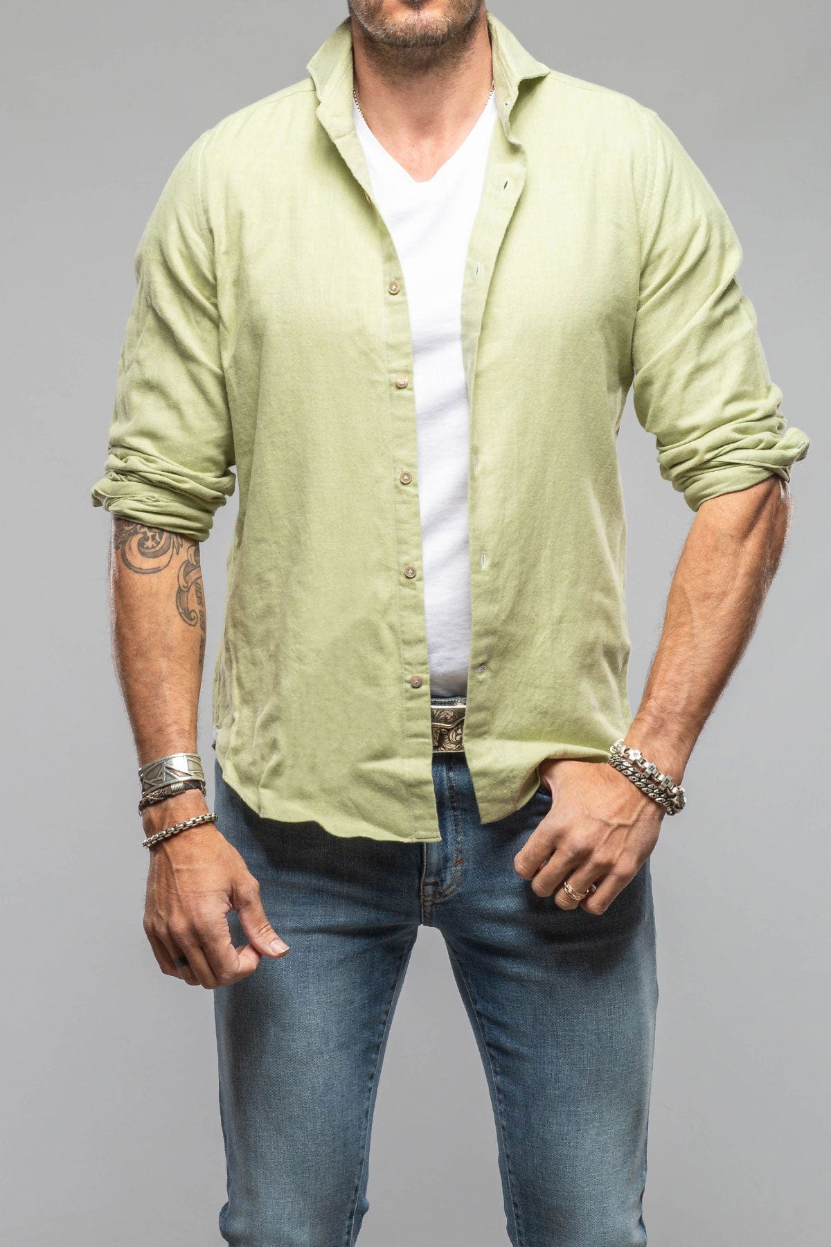 Giannetto Portofino Tranquil Washed Cotton Flannel In Green | Mens - Shirts - Dress