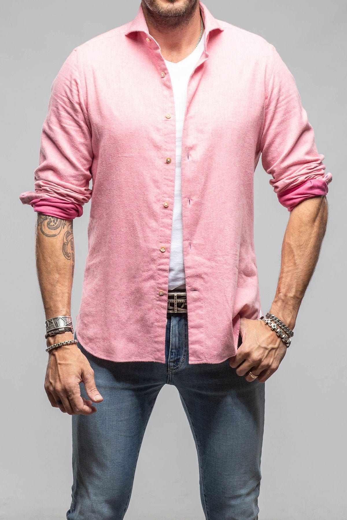 Giannetto Portofino Tranquil Washed Cotton Flannel In Pink Mens - Shirts - Dress