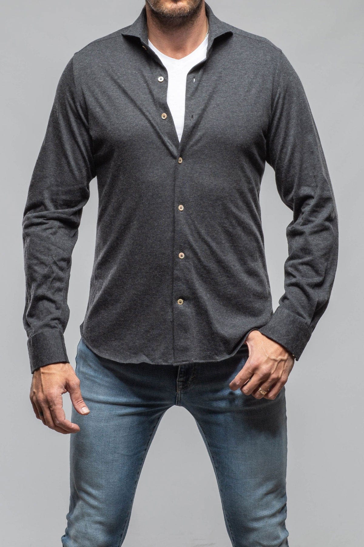 Giannetto Portofino Treasure Cotton Cashmere Jersey In Dark Grey Mens - Shirts - Dress