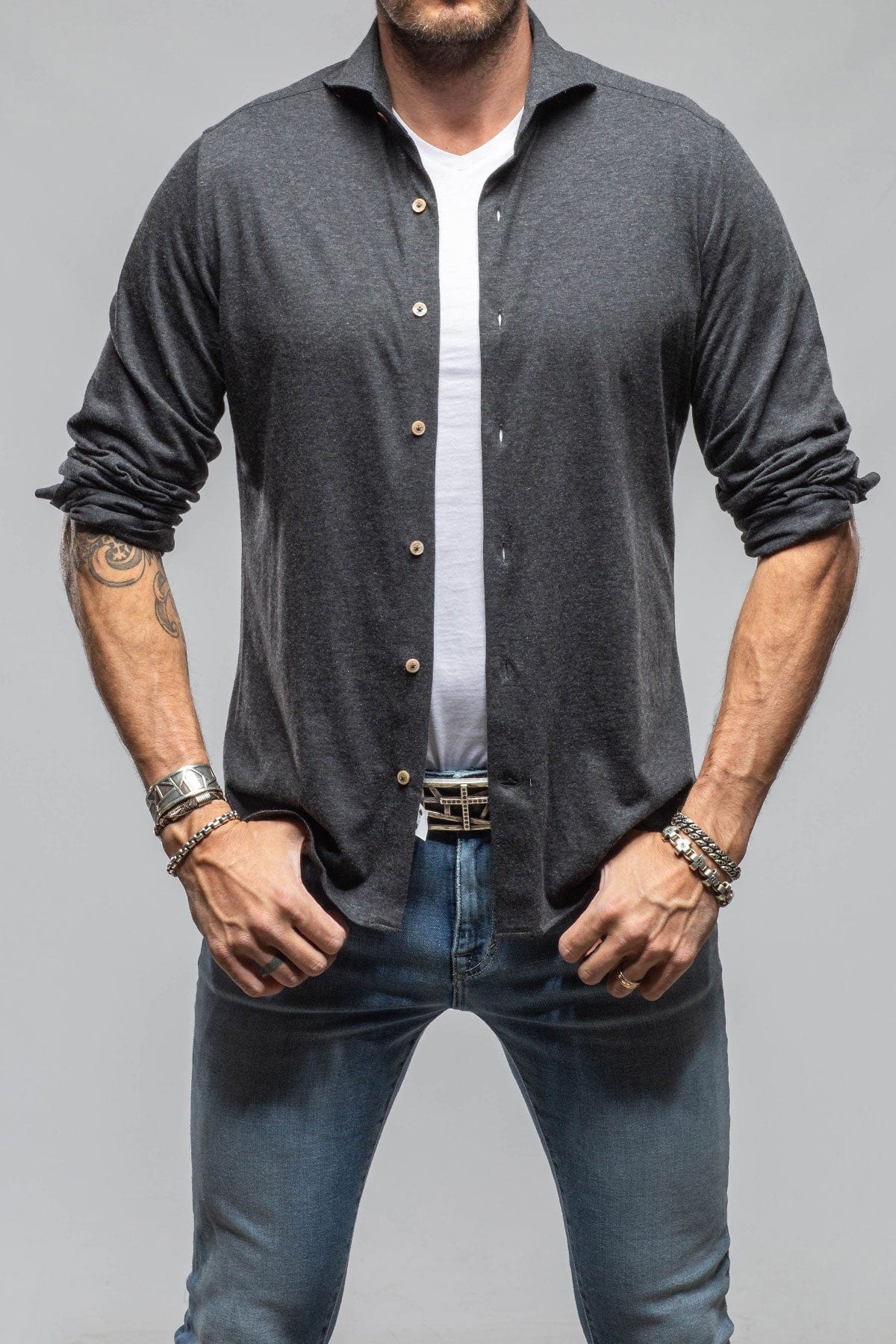 Giannetto Portofino Treasure Cotton Cashmere Jersey In Dark Grey Mens - Shirts - Dress
