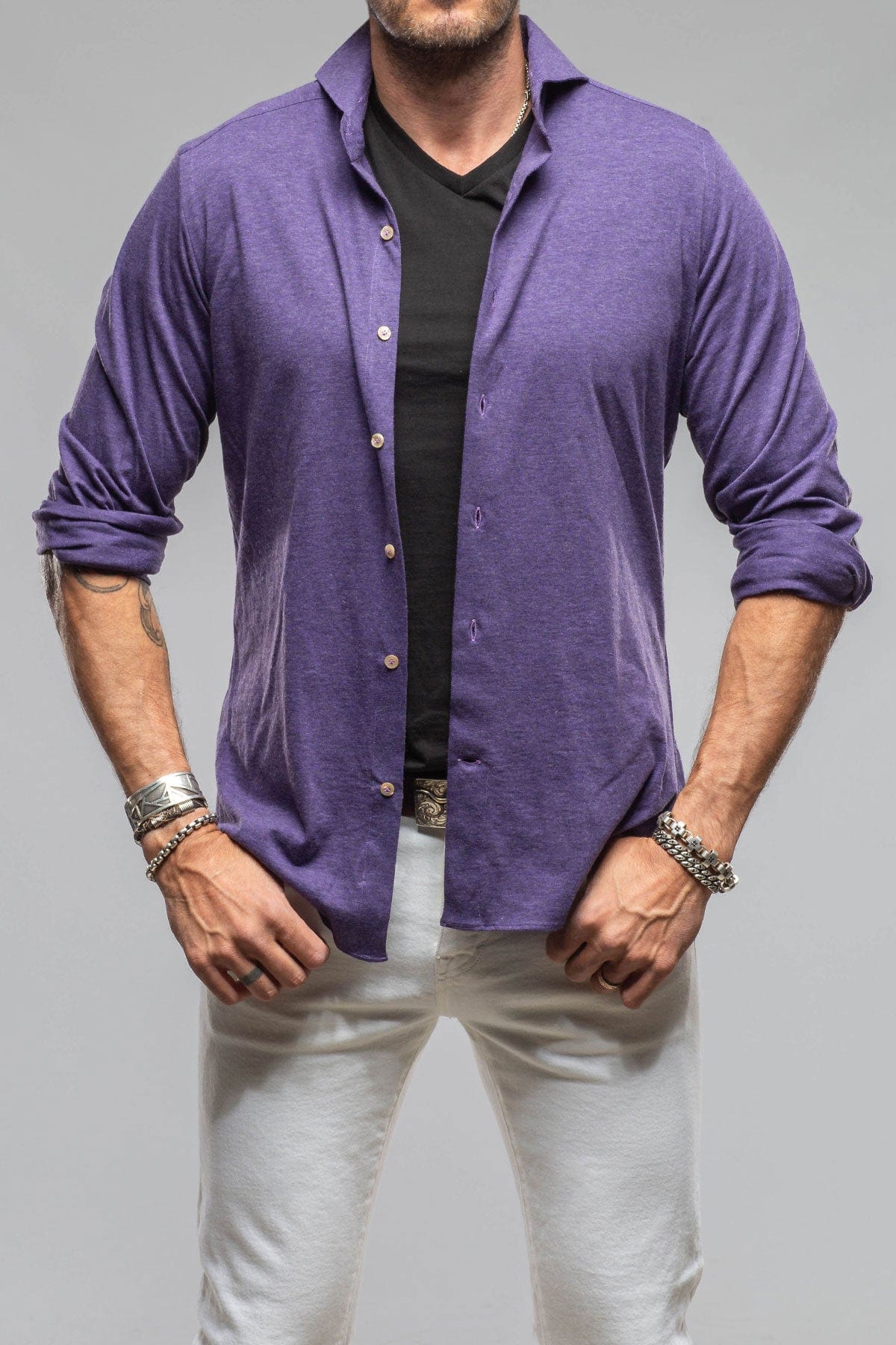 Giannetto Portofino Treasure Cotton Cashmere Jersey In Purple | Mens - Shirts - Dress