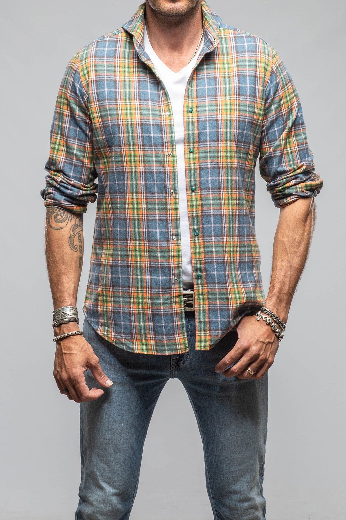 Giannetto Portofino Whisper Snap Shirt In Blue Green Orange | Mens - Shirts - Dress