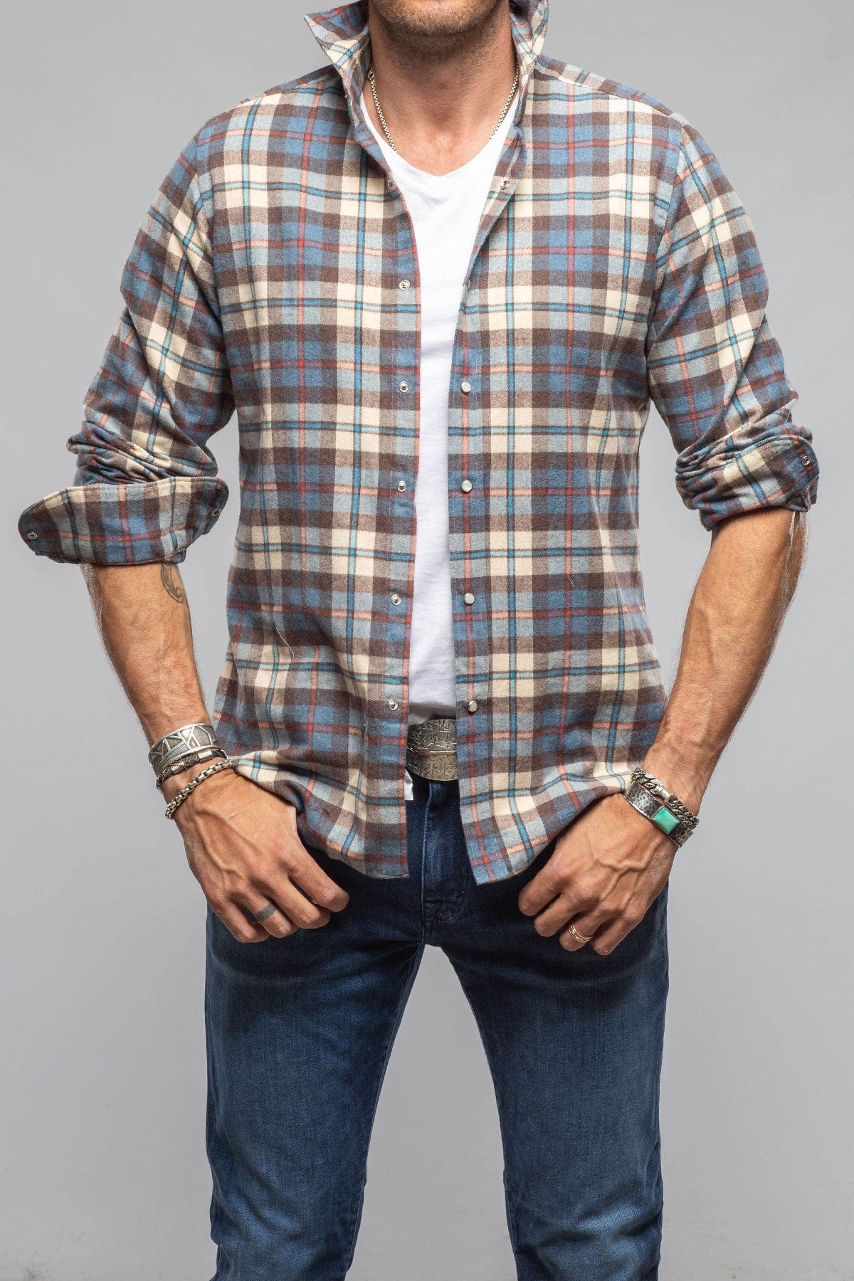 Giannetto Portofino Whisper Snap Shirt In Blue White Orange | Mens - Shirts - Dress