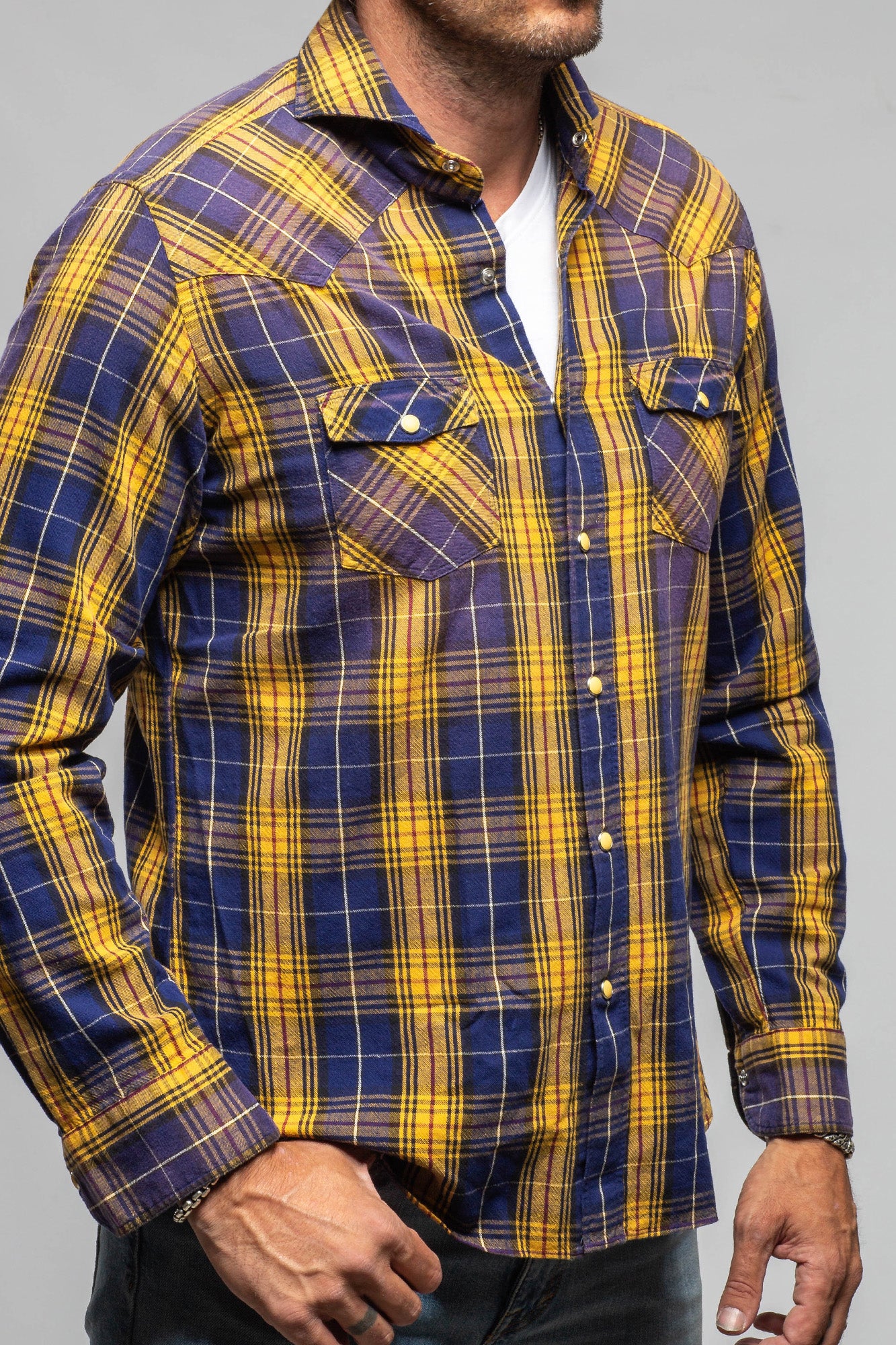 Giannetto Portofino Whistle Snap Western Shirt In Blue Yellow | Mens - Shirts - Dress