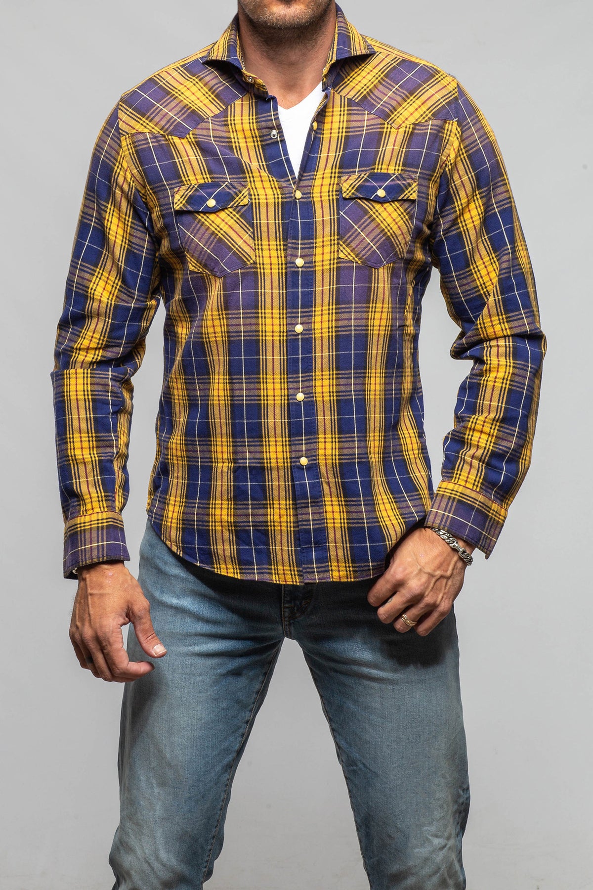Giannetto Portofino Whistle Snap Western Shirt In Blue Yellow | Mens - Shirts - Dress