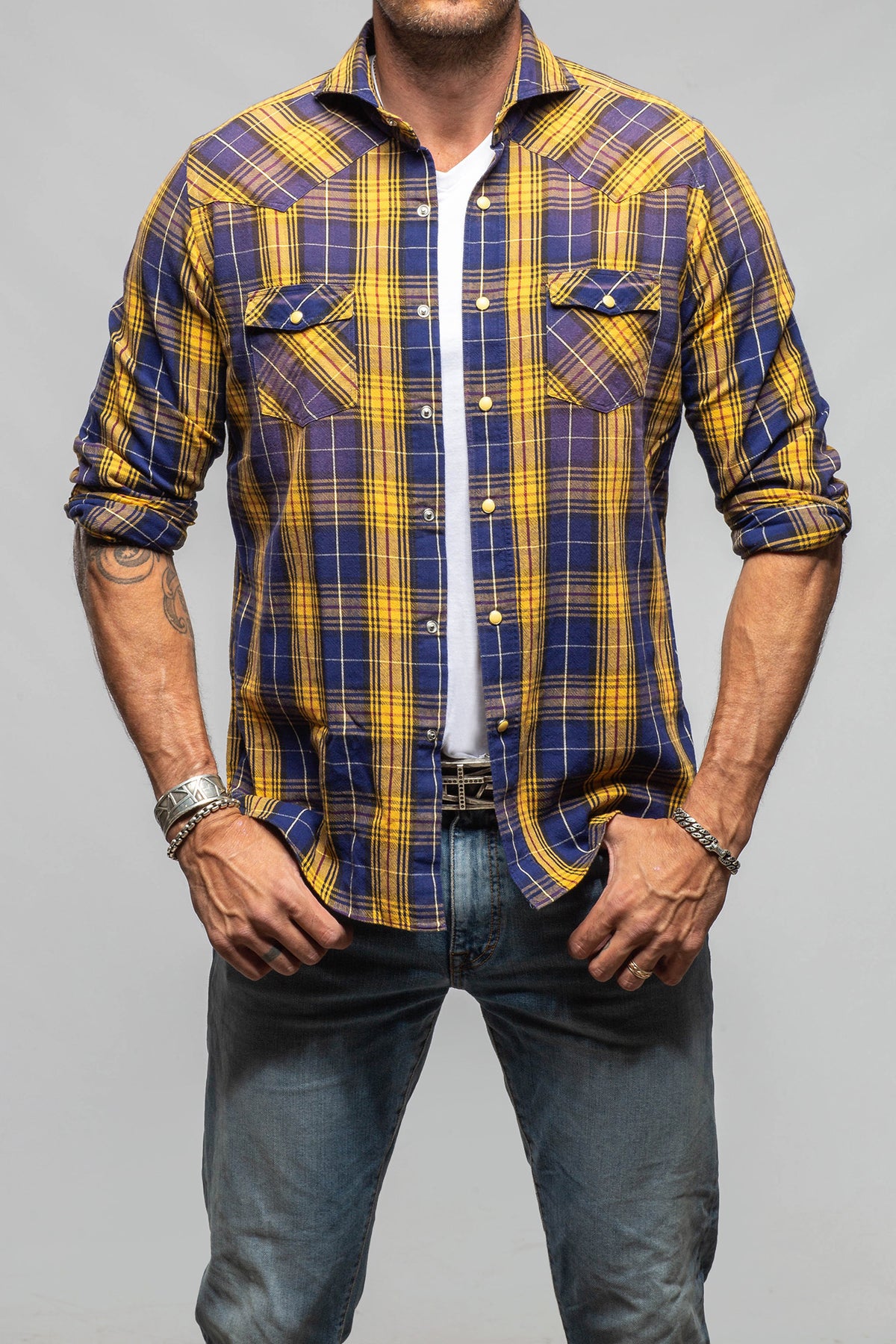 Giannetto Portofino Whistle Snap Western Shirt In Blue Yellow | Mens - Shirts - Dress