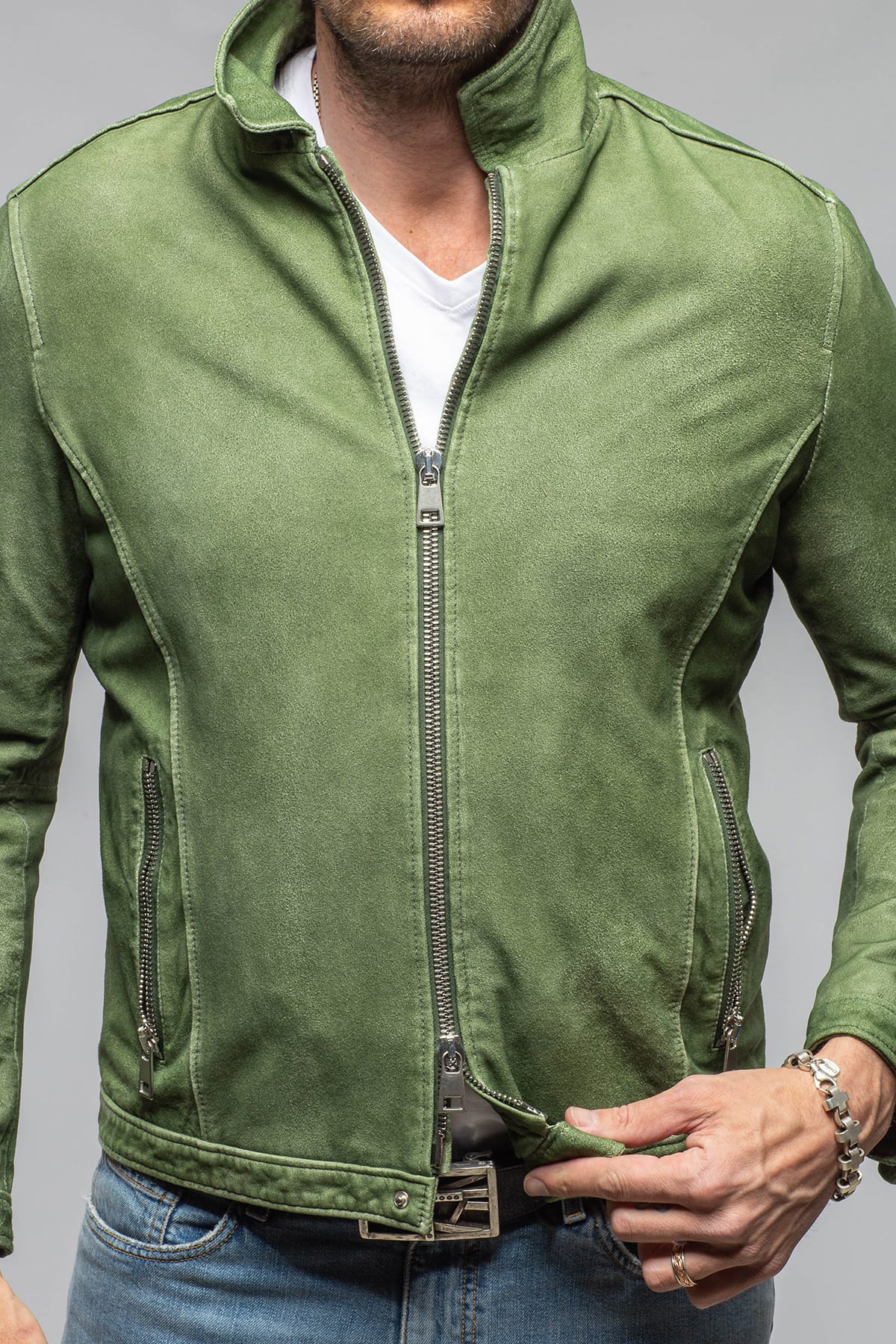 Gimo's Brando Suede Moto Jacket In Green Mens - Outerwear - Leather